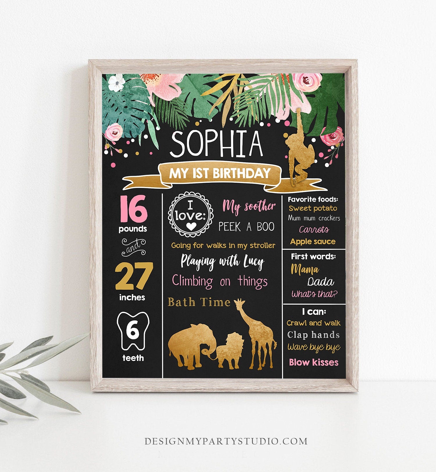 Editable Safari Animals Birthday Milestones Sign Wild One Girl First Birthday Safari Zoo 1st Pink Gold Jungle Corjl Template Printable 0016