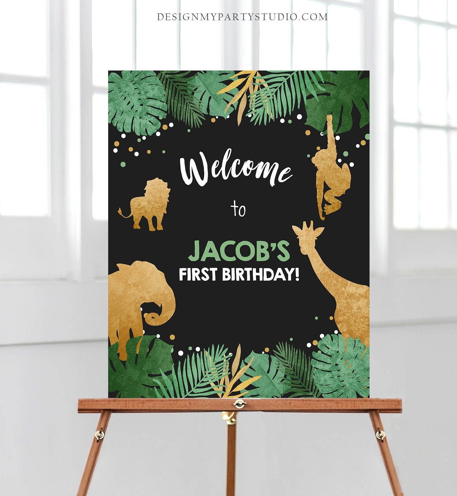 Editable Safari Animals Welcome Sign Wild One Poster Zoo Jungle Boy First Birthday 1st Black Gold Download Corjl Template Printable 0016