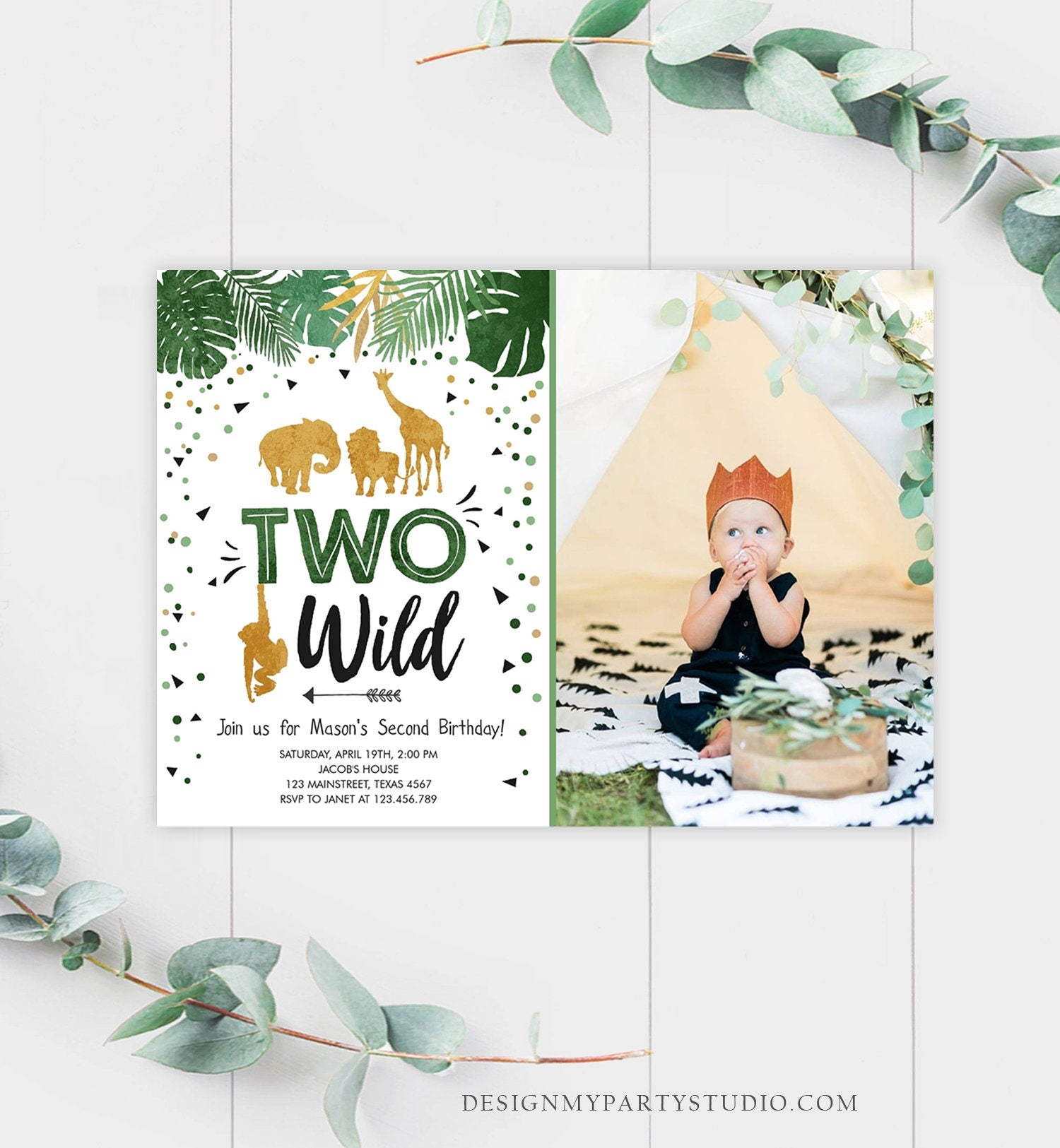 Editable Two Wild Birthday Invitation Safari Animals Wild Animals Black Gold Second Birthday 2nd Jungle Printable Corjl Template 0016