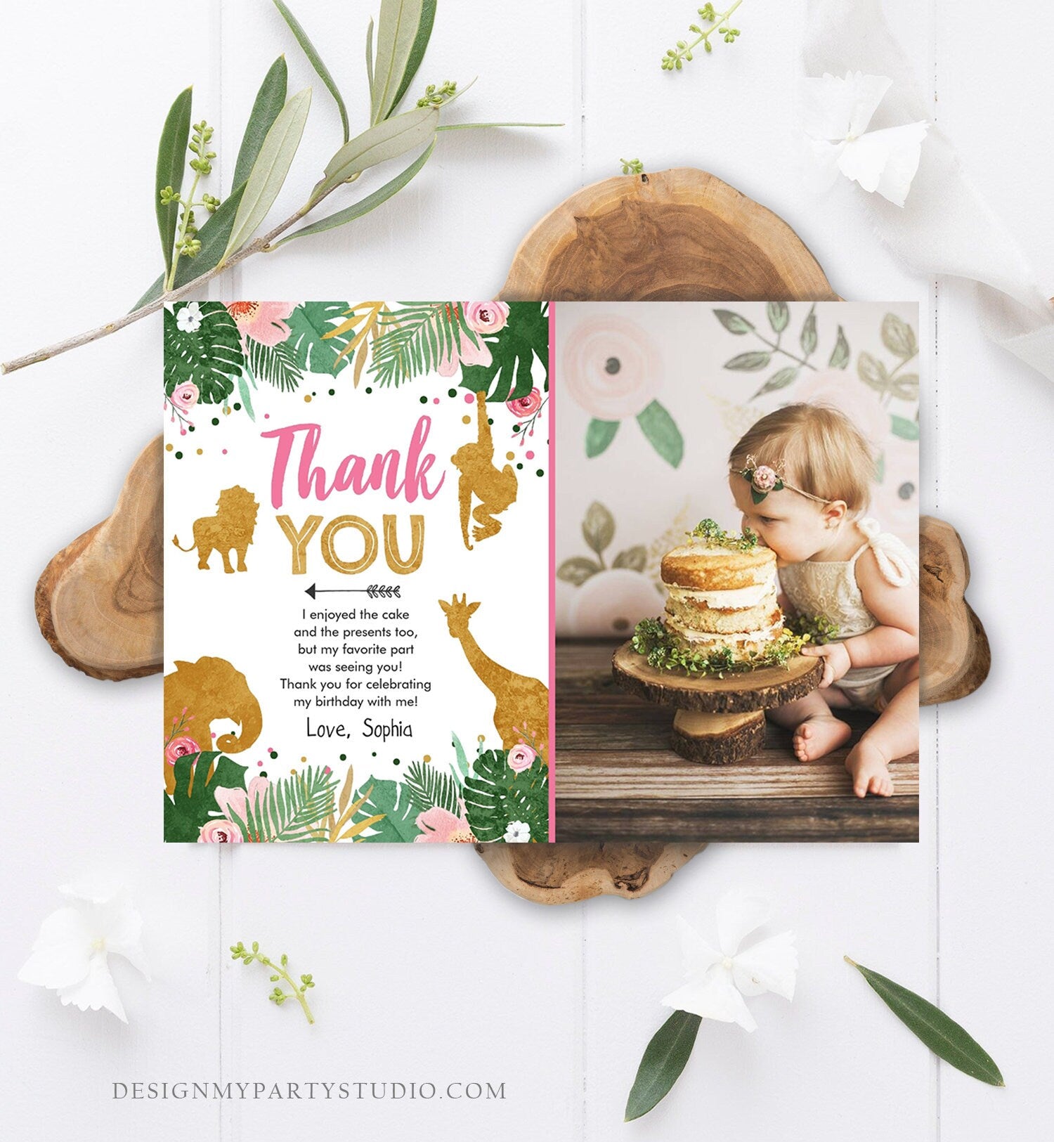 Editable Thank You Card Safari Animals Wild One Thank You Note Black Photo Girl Pink Gold Jungle Zoo Animals Corjl Template Digital 0016