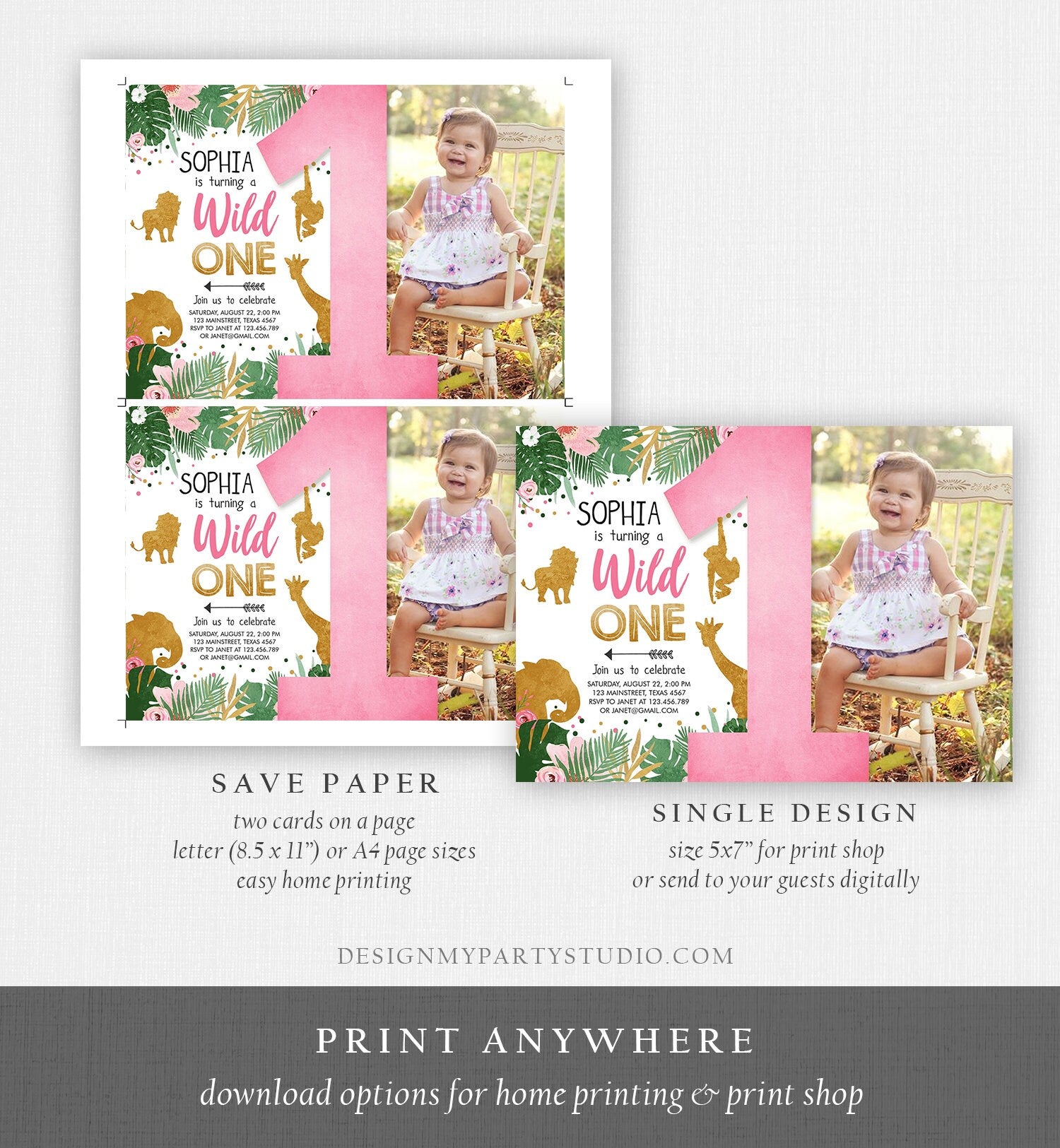 Editable Wild One Birthday Invitation Girl Safari Animals Jungle Zoo Party Animals Pink Gold Instant Download Printable Corjl Template 0016