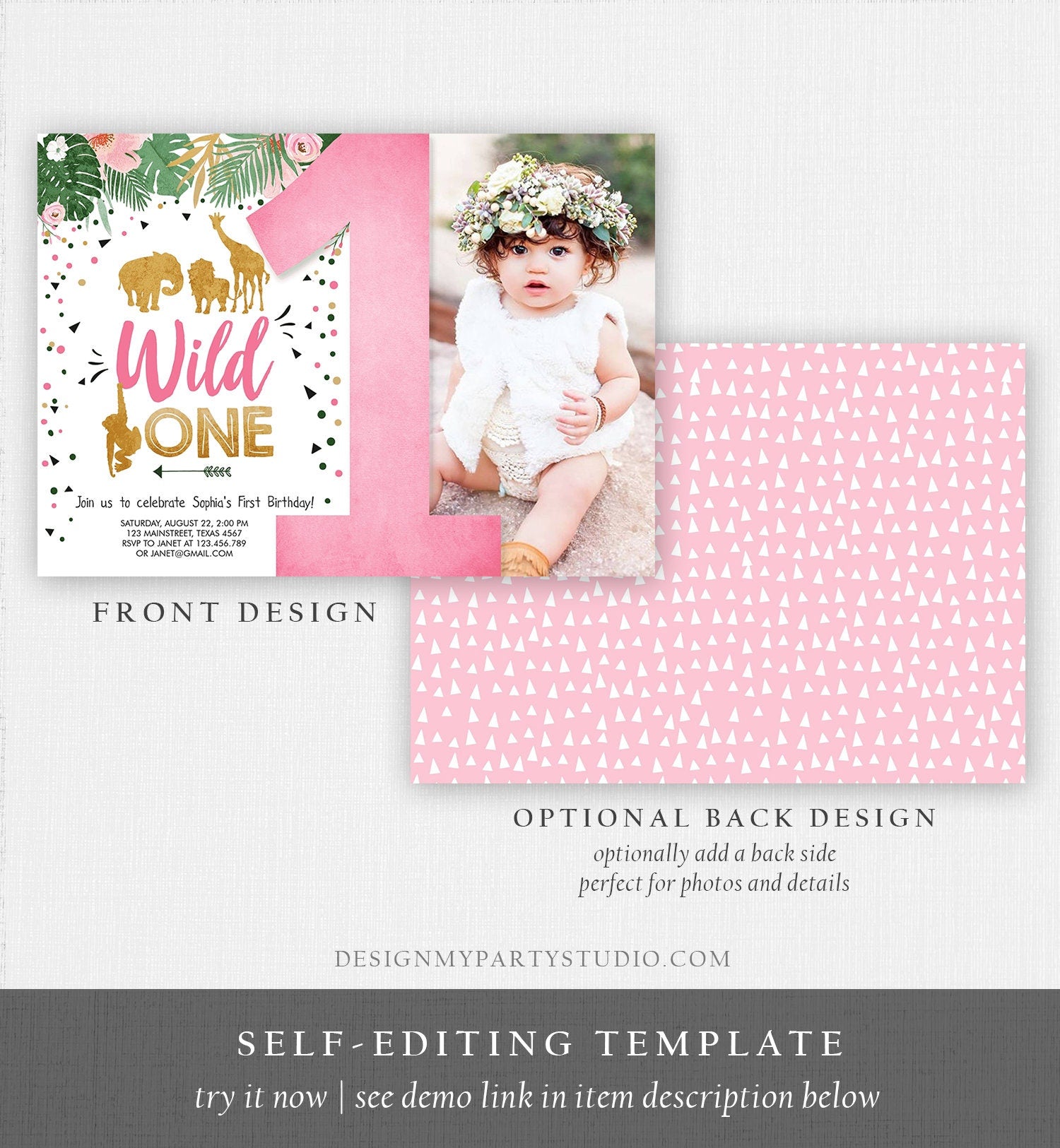 Editable Wild One Birthday Invitation Girl Safari Animals Jungle Zoo Party Animals Pink Gold Instant Download Printable Corjl Template 0016