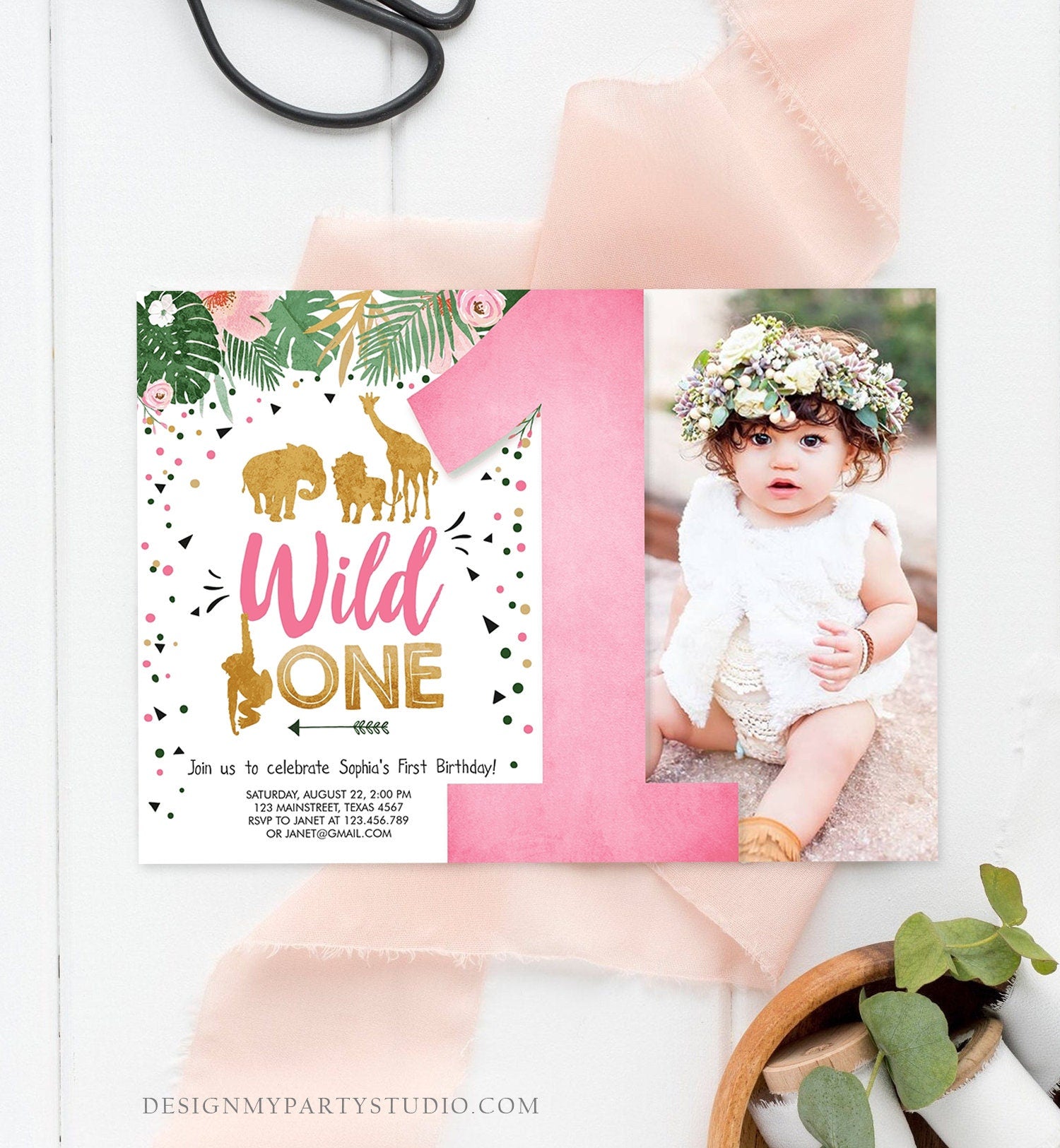 Editable Wild One Birthday Invitation Girl Safari Animals Jungle Zoo Party Animals Pink Gold Instant Download Printable Corjl Template 0016