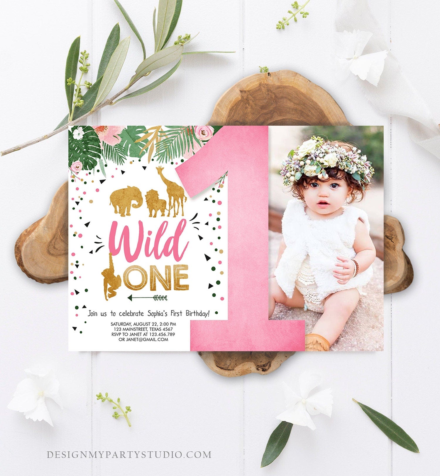 Editable Wild One Birthday Invitation Girl Safari Animals Jungle Zoo Party Animals Pink Gold Instant Download Printable Corjl Template 0016