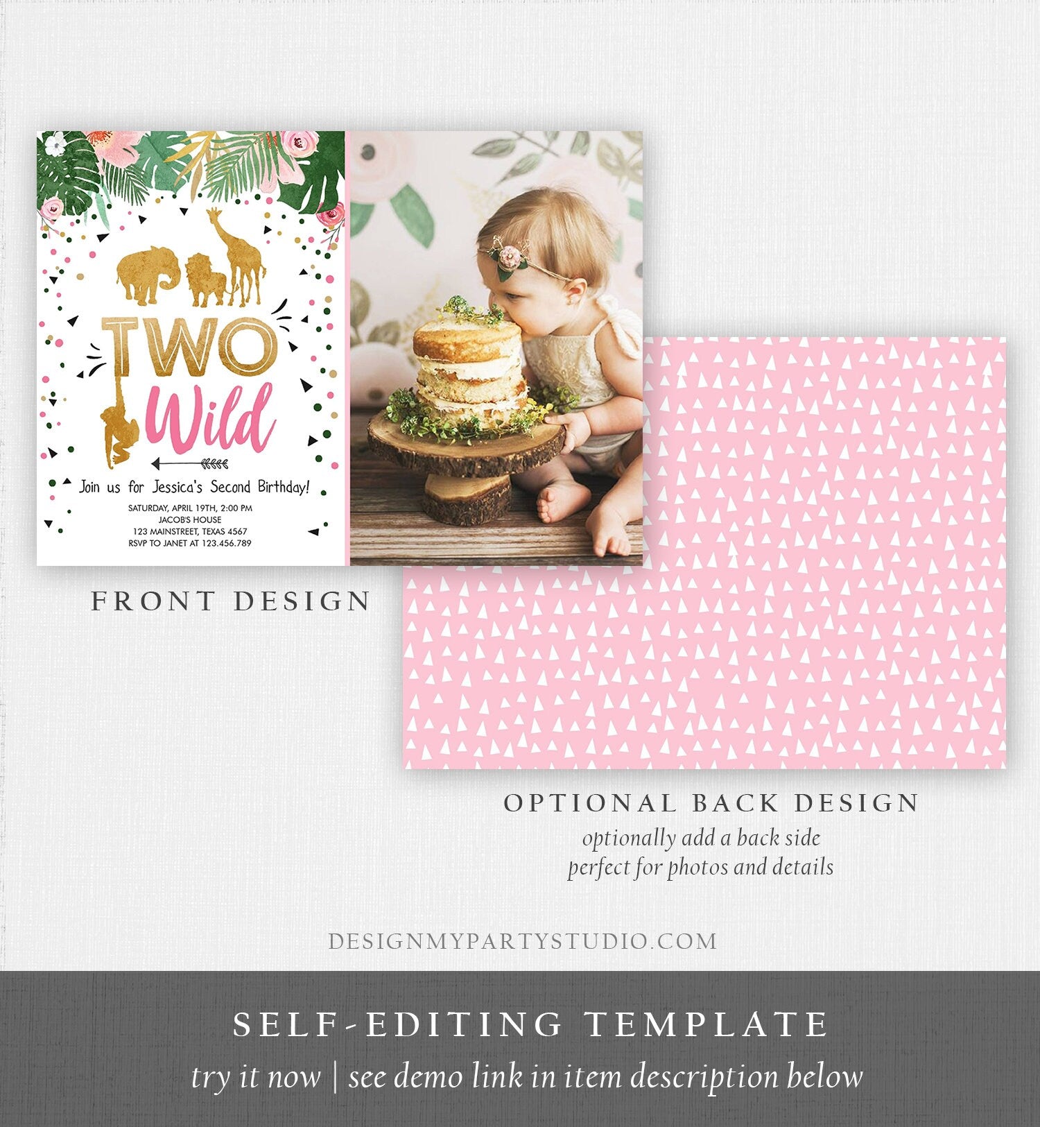 Editable Two Wild Birthday Invitation Girl Safari Animals Jungle Party Animals Pink Gold 2nd Second Birthday Printable Corjl Template 0016