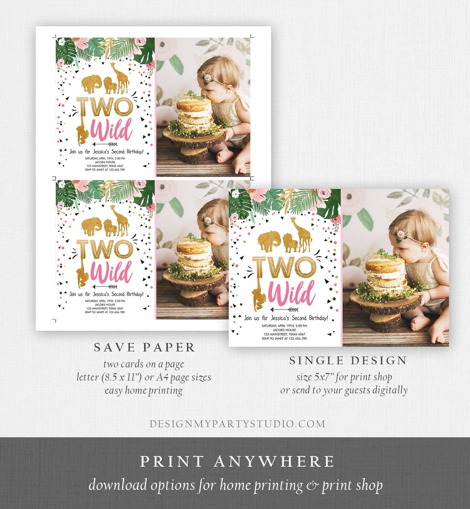 Editable Two Wild Birthday Invitation Girl Safari Animals Jungle Party Animals Pink Gold 2nd Second Birthday Printable Corjl Template 0016