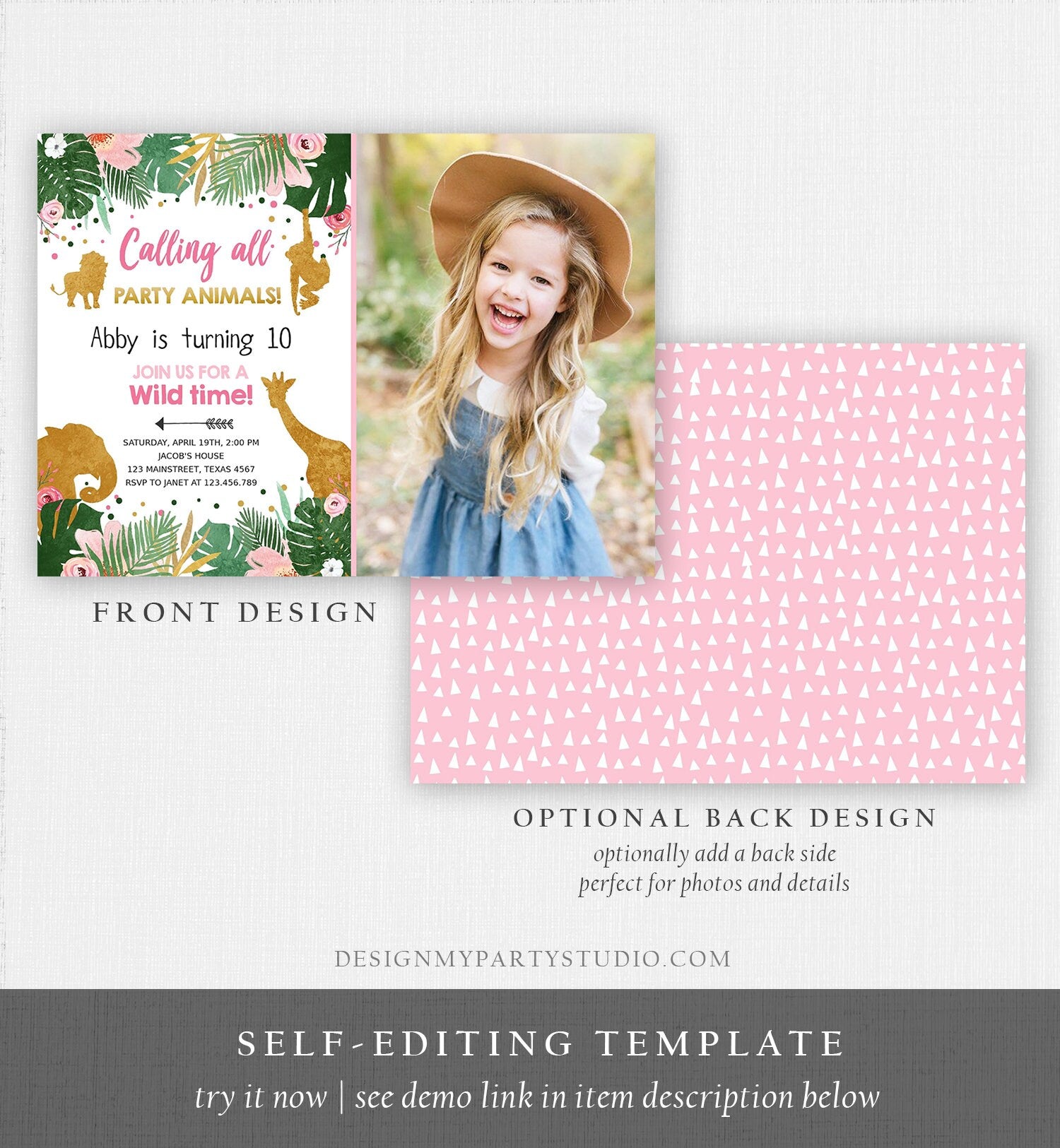 Editable Calling All Party Animals Birthday Invitation Girl Safari Animals Jungle Zoo Pink Gold Download Printable Corjl Template 0016