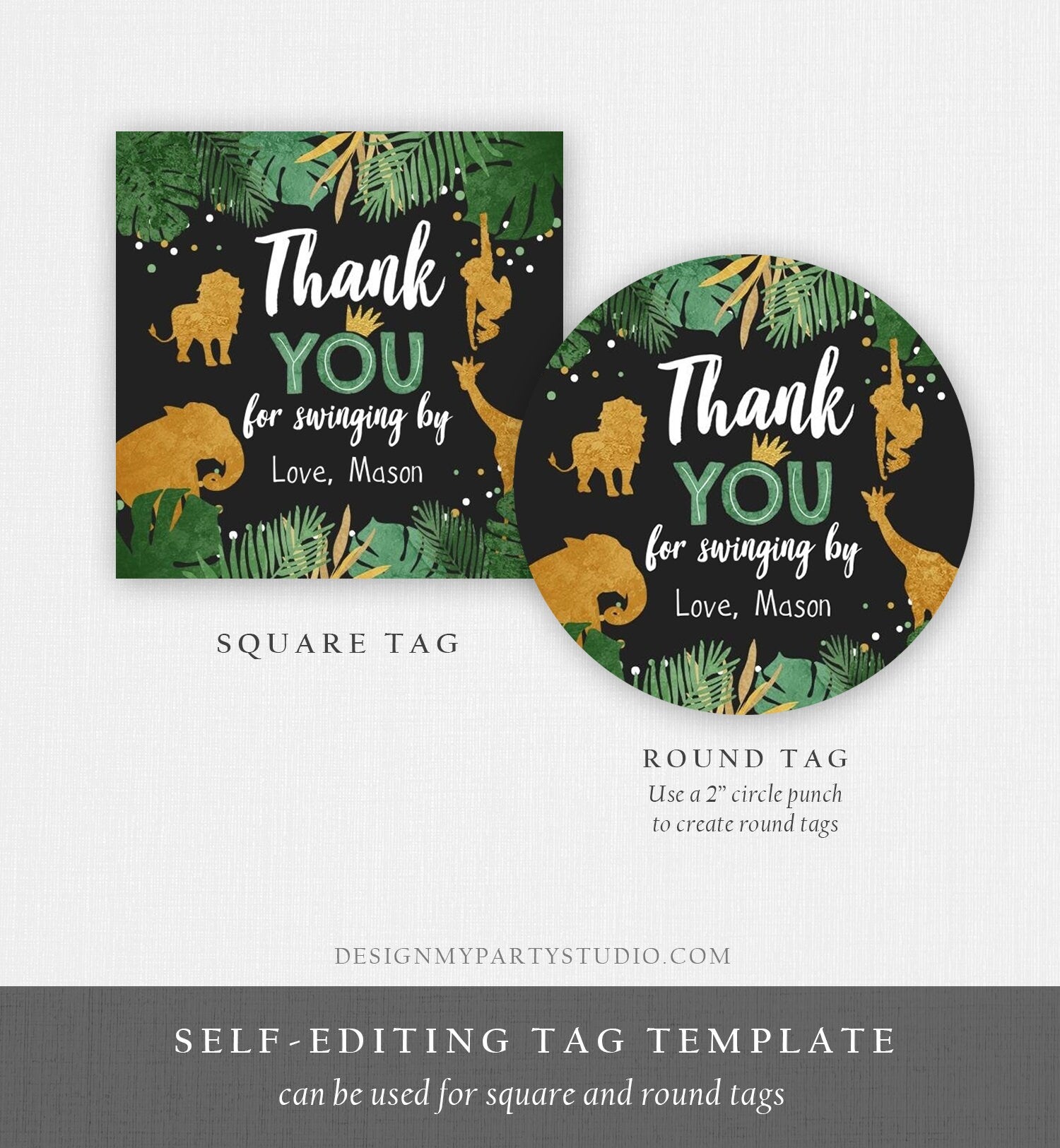 Editable Safari Animals Thank You Tags Wild One Zoo Party Animals Gift Favor Swinging By Round Square Digital Template Printable 0016