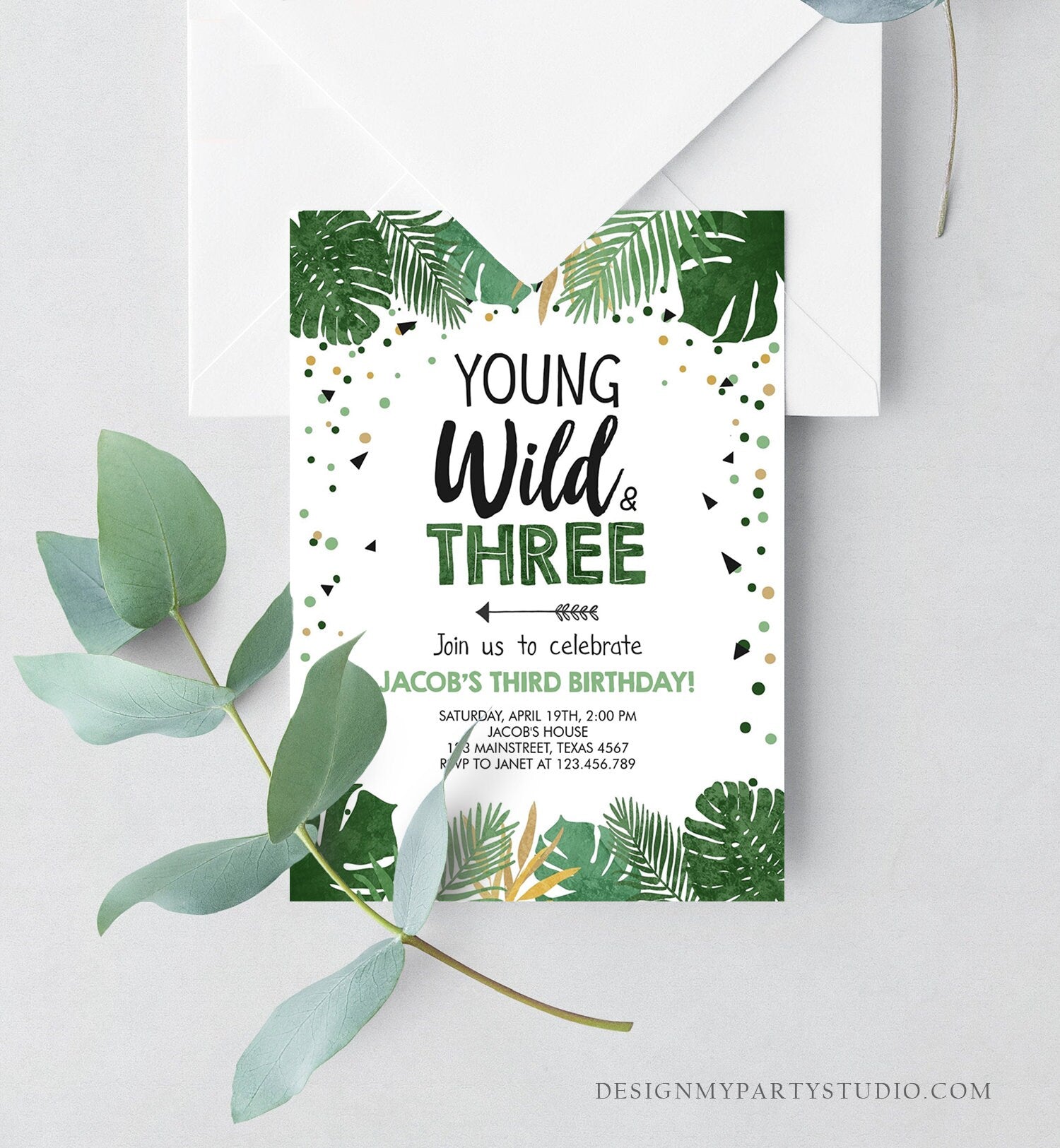 Editable Young Wild and Three Birthday Invitation Safari Tropical Party 3rd Third Birthday Boy Gold Download Printable Corjl Template 0332