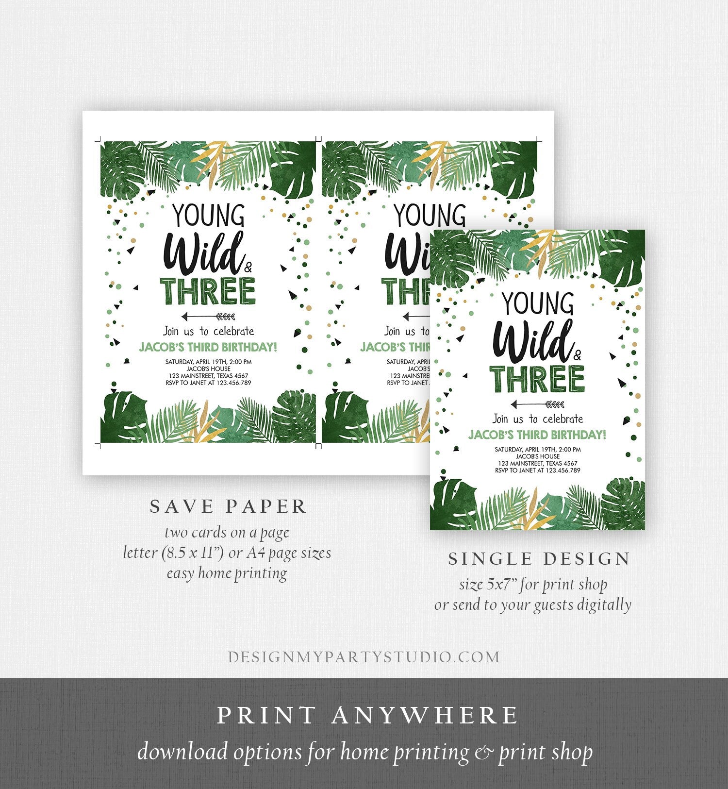 Editable Young Wild and Three Birthday Invitation Safari Tropical Party 3rd Third Birthday Boy Gold Download Printable Corjl Template 0332