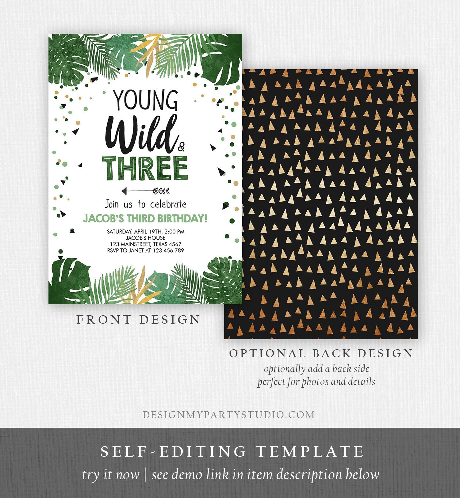 Editable Young Wild and Three Birthday Invitation Safari Tropical Party 3rd Third Birthday Boy Gold Download Printable Corjl Template 0332