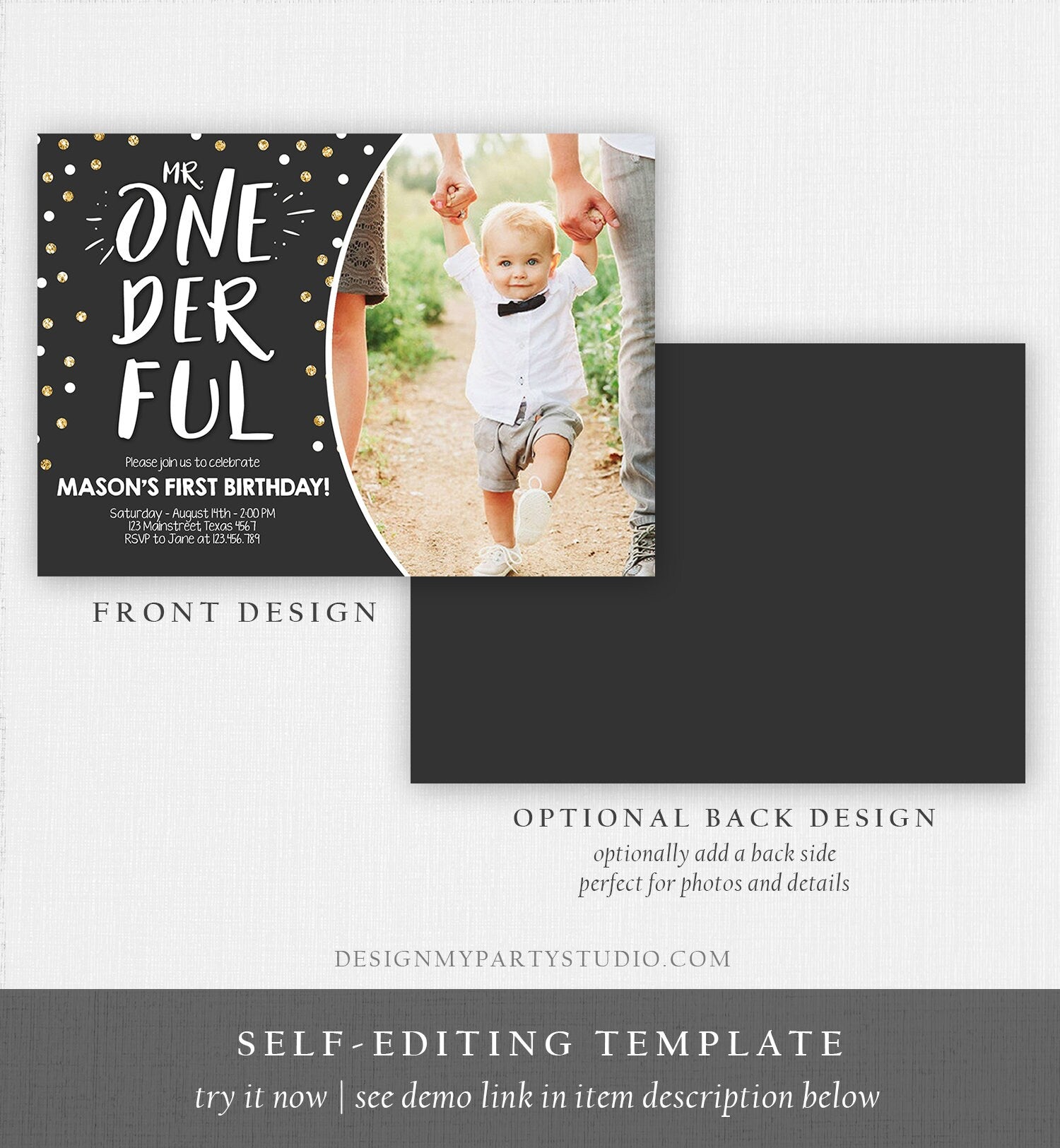 Editable Mr Onederful Birthday Invitation Black and Gold Boy Birthday Bow Tie Confetti 1st Birthday Download Template Digital Corjl 0072