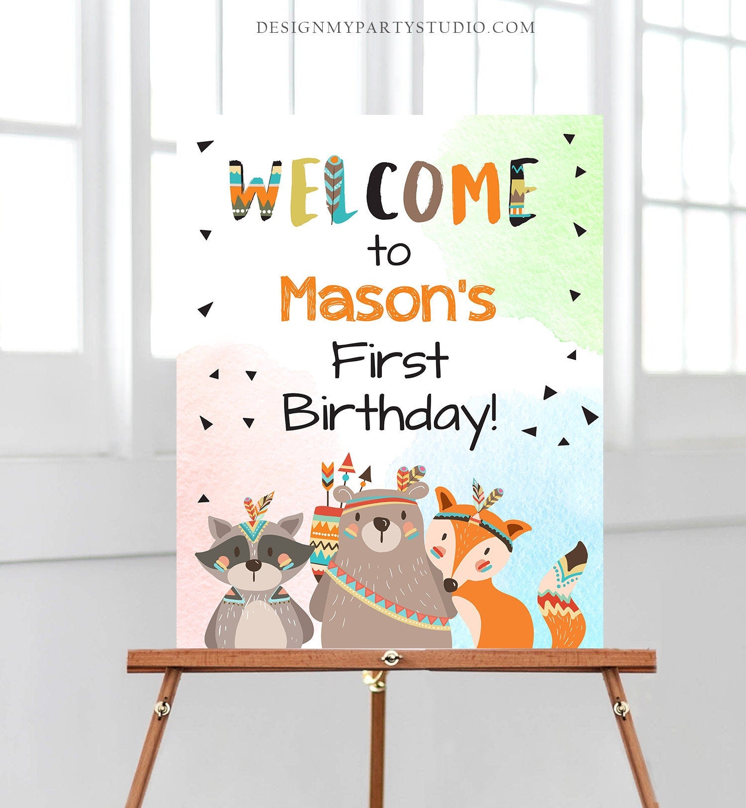 Editable Tribal Woodland Welcome Sign Wild One Birthday Party Welcome Boy First Birthday Tribal Animals Template PRINTABLE Corjl 0061