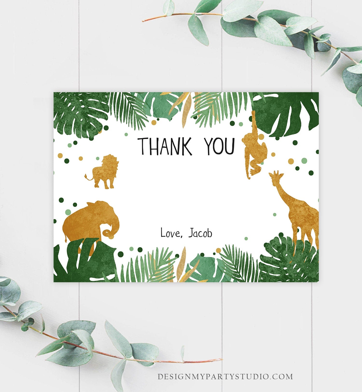 Editable Safari Animals Thank You Card Boy Birthday Baby Shower Party Animals Thank You Note Gold Wild Animals Corjl Template Printable 0016