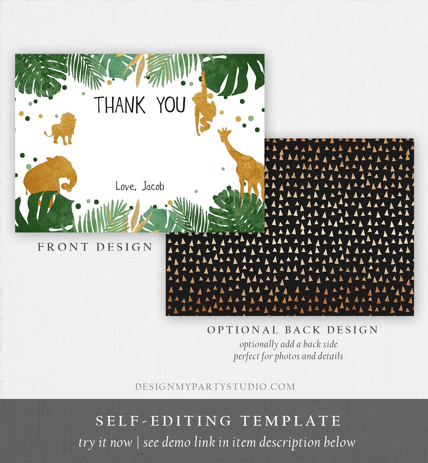 Editable Safari Animals Thank You Card Wild One Thank You Note Black Gold Boy Jungle Wildi Animals Printable Corjl Template Digital 0016