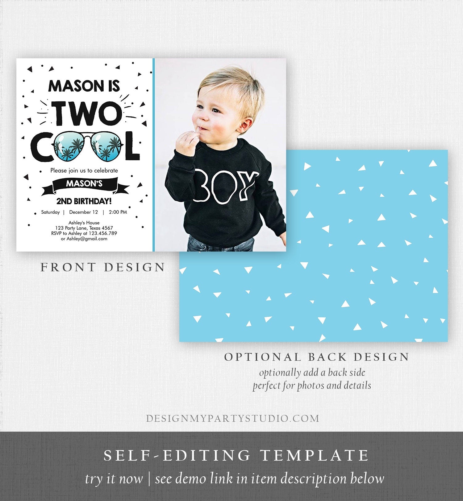 Editable Two Cool Birthday Invitation Boy Second Birthday Party 2nd I'm this Many I'm Two Cool Sunglasses Palm Printable Corjl Template 0136