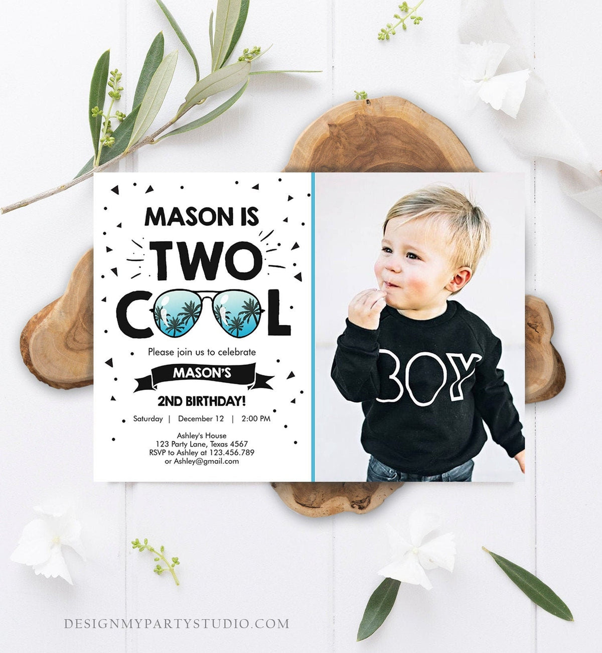 Editable Two Cool Birthday Invitation Boy Second Birthday Party 2nd I&amp;#39;m this Many I&amp;#39;m Two Cool Sunglasses Palm Printable Corjl Template 0136