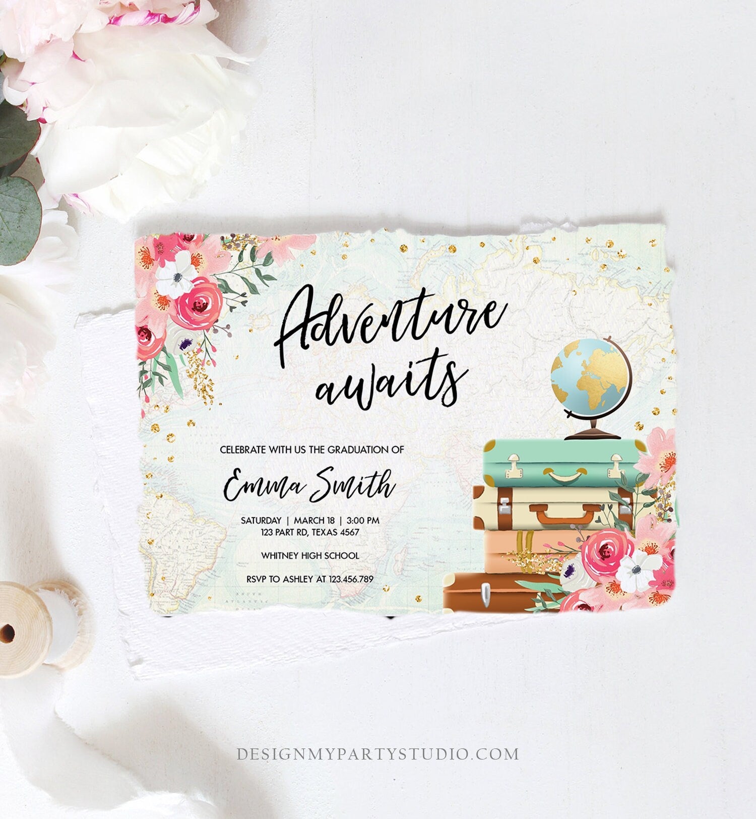 Editable Adventure Awaits Graduation Party Invitation Vintage Travel Around the World Pink Floral Girl Digital Evite Template Printable 0030