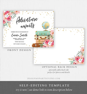 Editable Adventure Awaits Graduation Party Invitation Vintage Travel Around the World Pink Gold Floral Girl Corjl Template Printable 0030