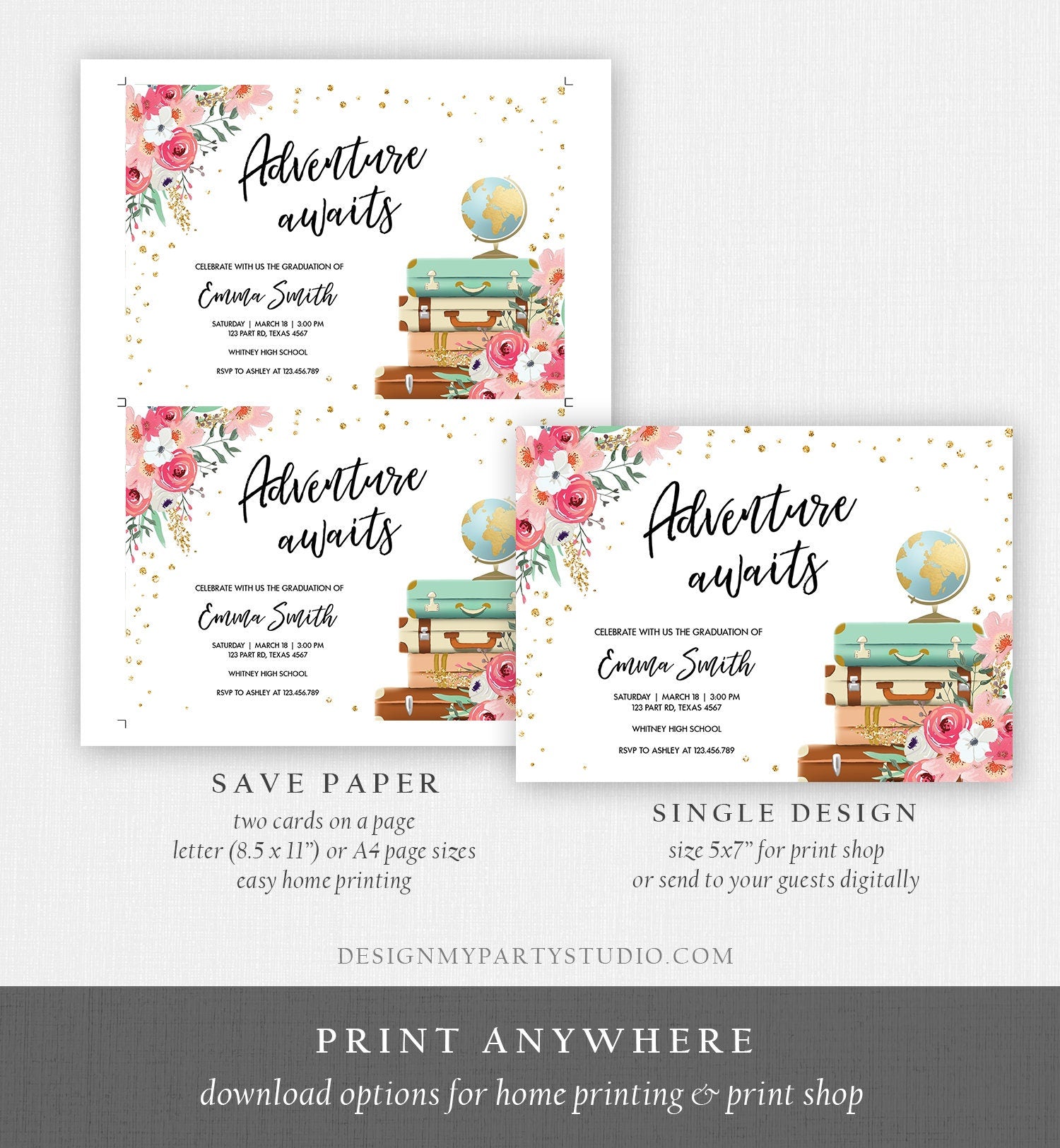 Editable Adventure Awaits Graduation Party Invitation Vintage Travel Around the World Pink Gold Floral Girl Corjl Template Printable 0030