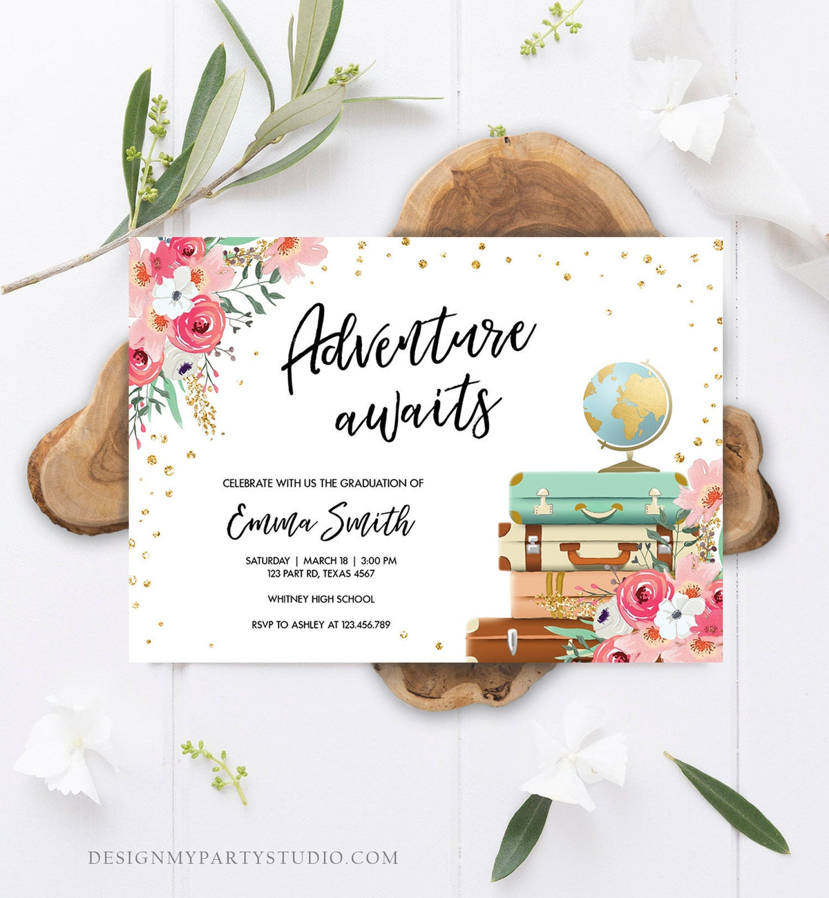 Editable Adventure Awaits Graduation Party Invitation Vintage Travel Around the World Pink Gold Floral Girl Corjl Template Printable 0030