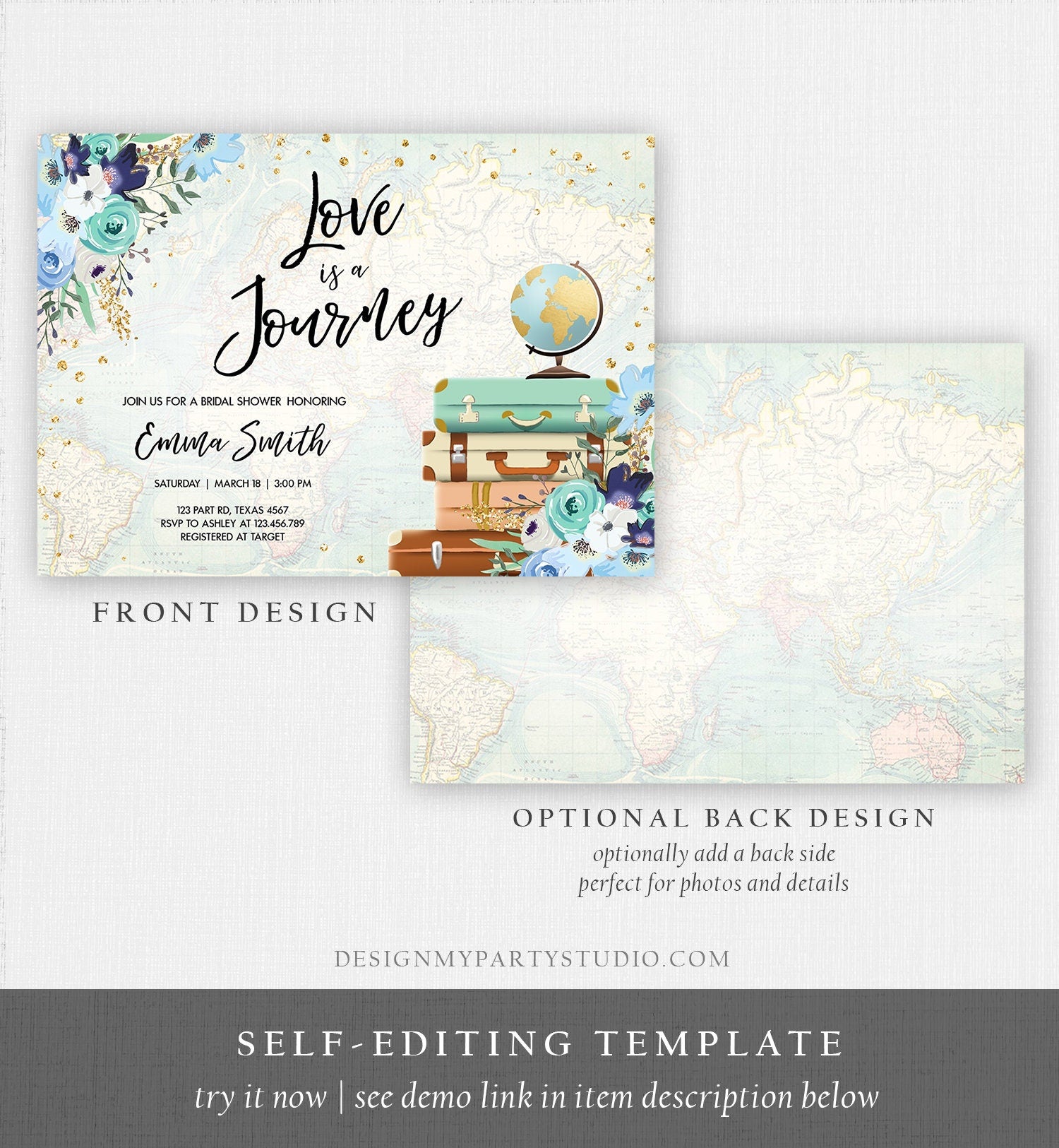 Editable Love is a Journey Bridal Shower Invitation Travel Adventure Confetti Blue Floral Suitcases Download Corjl Template Printable 0030