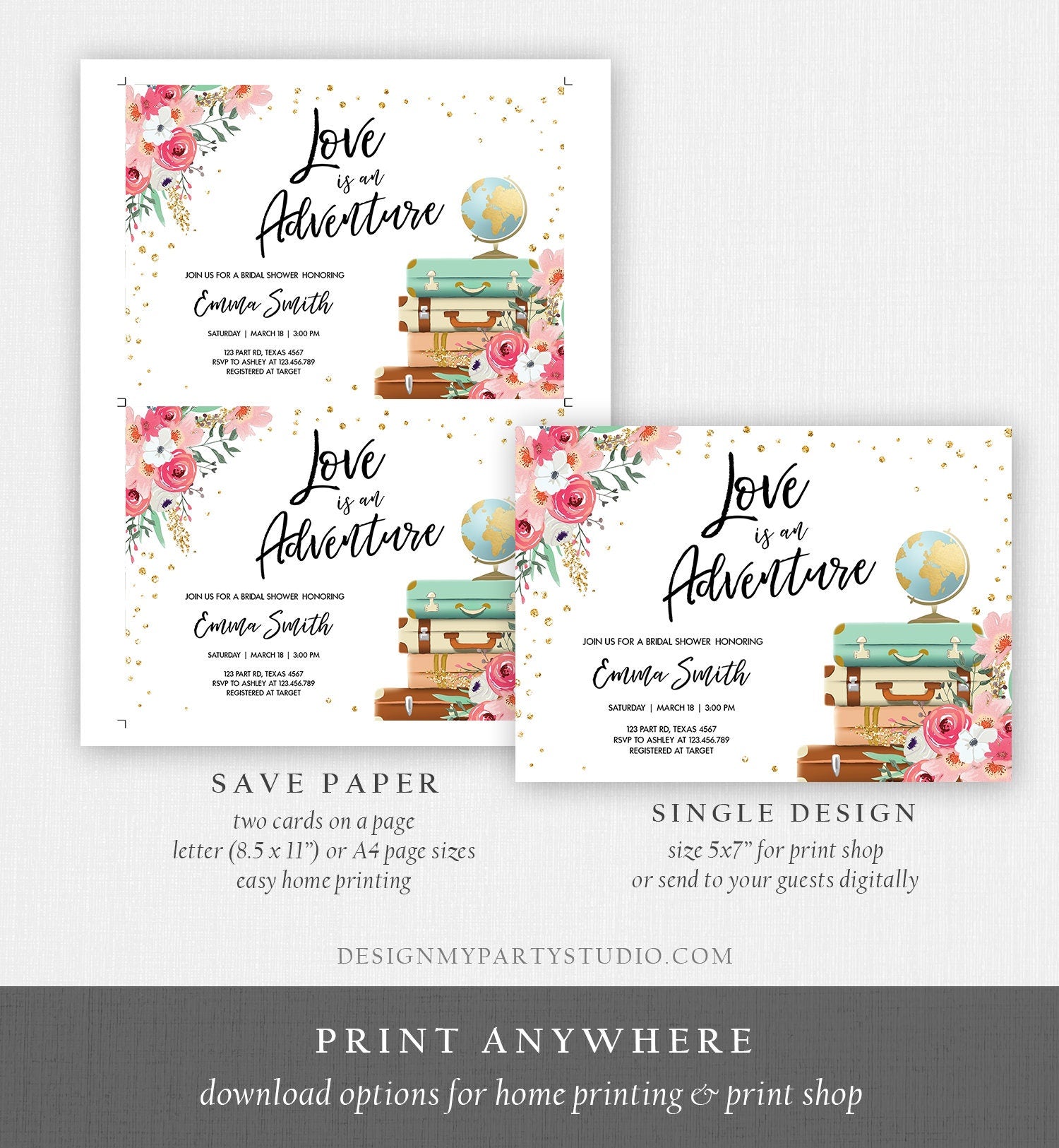 Editable Love is an Adventure Bridal Shower Invitation Travel Gold Confetti Pink Floral Suitcases Download Corjl Template PRINTABLE 0030