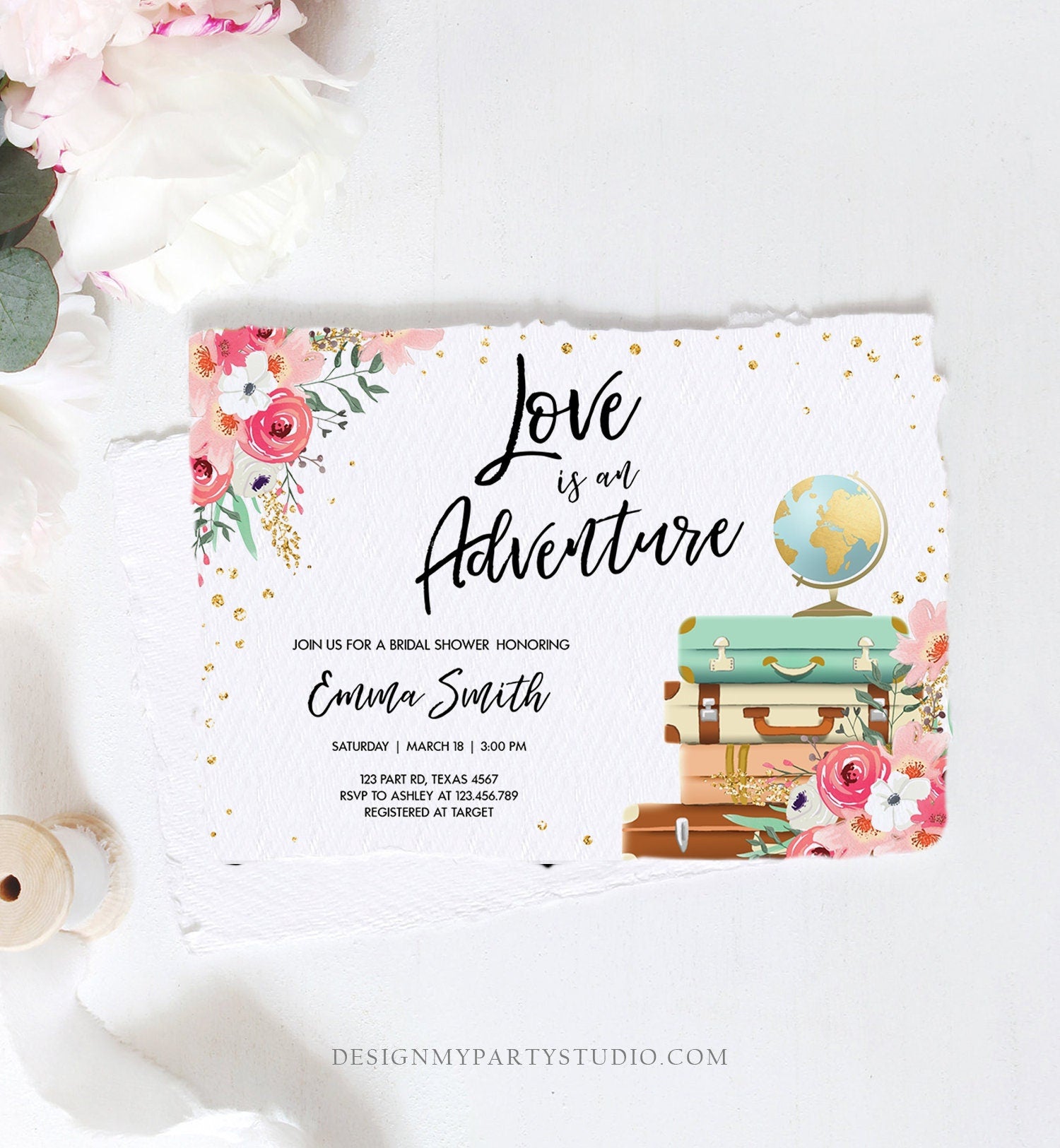 Editable Love is an Adventure Bridal Shower Invitation Travel Gold Confetti Pink Floral Suitcases Download Corjl Template PRINTABLE 0030