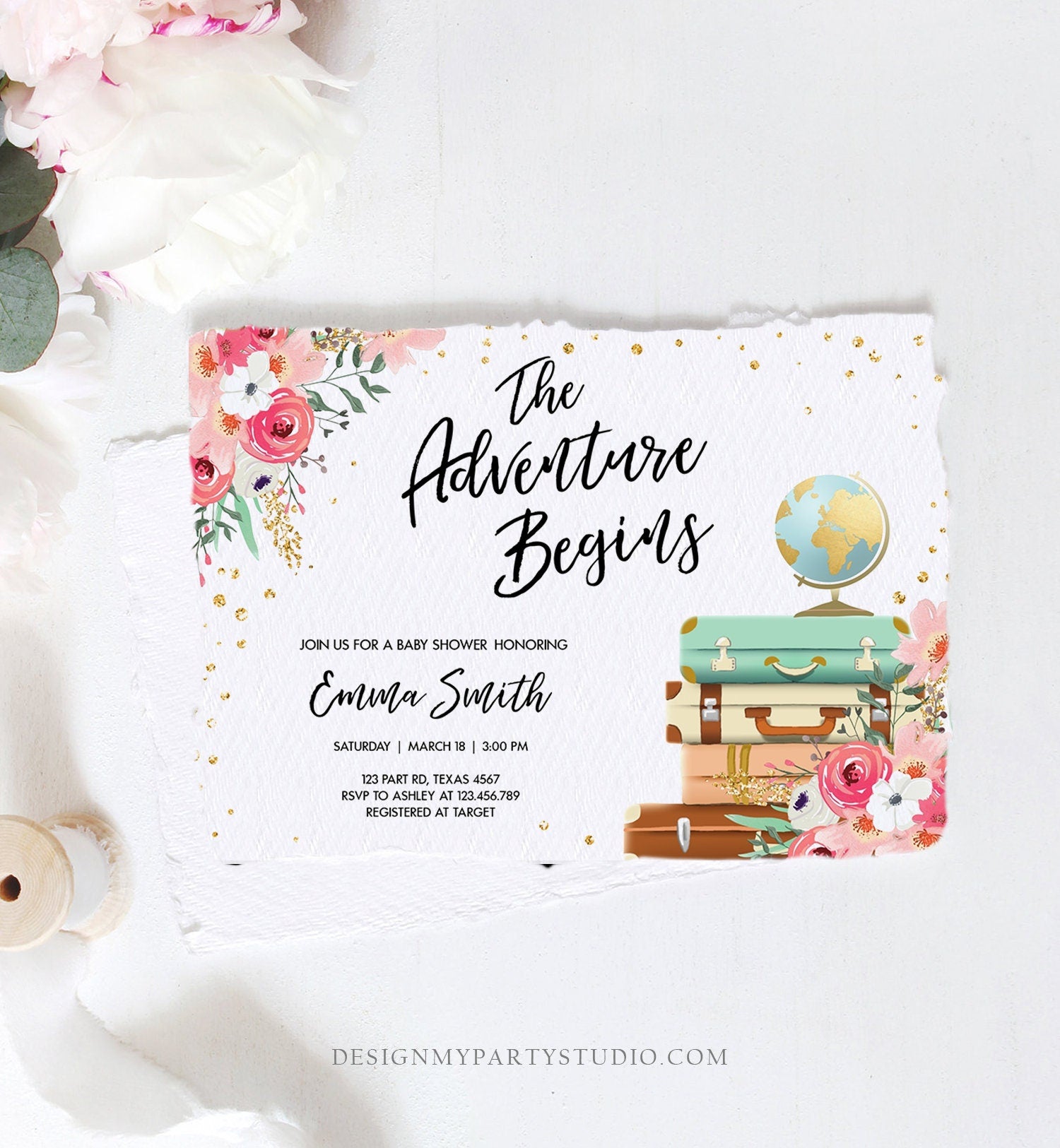 Editable The Adventure Begins Baby Shower Invitation Pink Floral Gold Confetti Suitcases Travel Around World Printable Corjl Template 0030