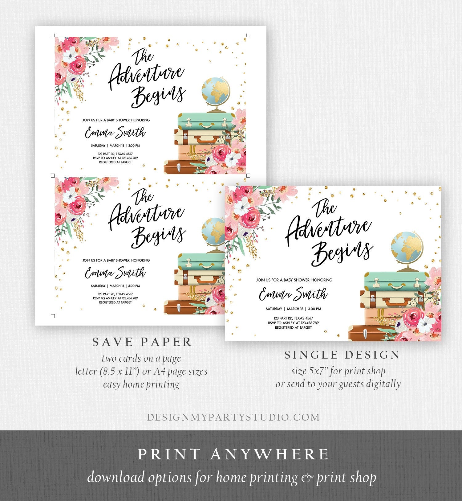 Editable The Adventure Begins Baby Shower Invitation Pink Floral Gold Confetti Suitcases Travel Around World Printable Corjl Template 0030