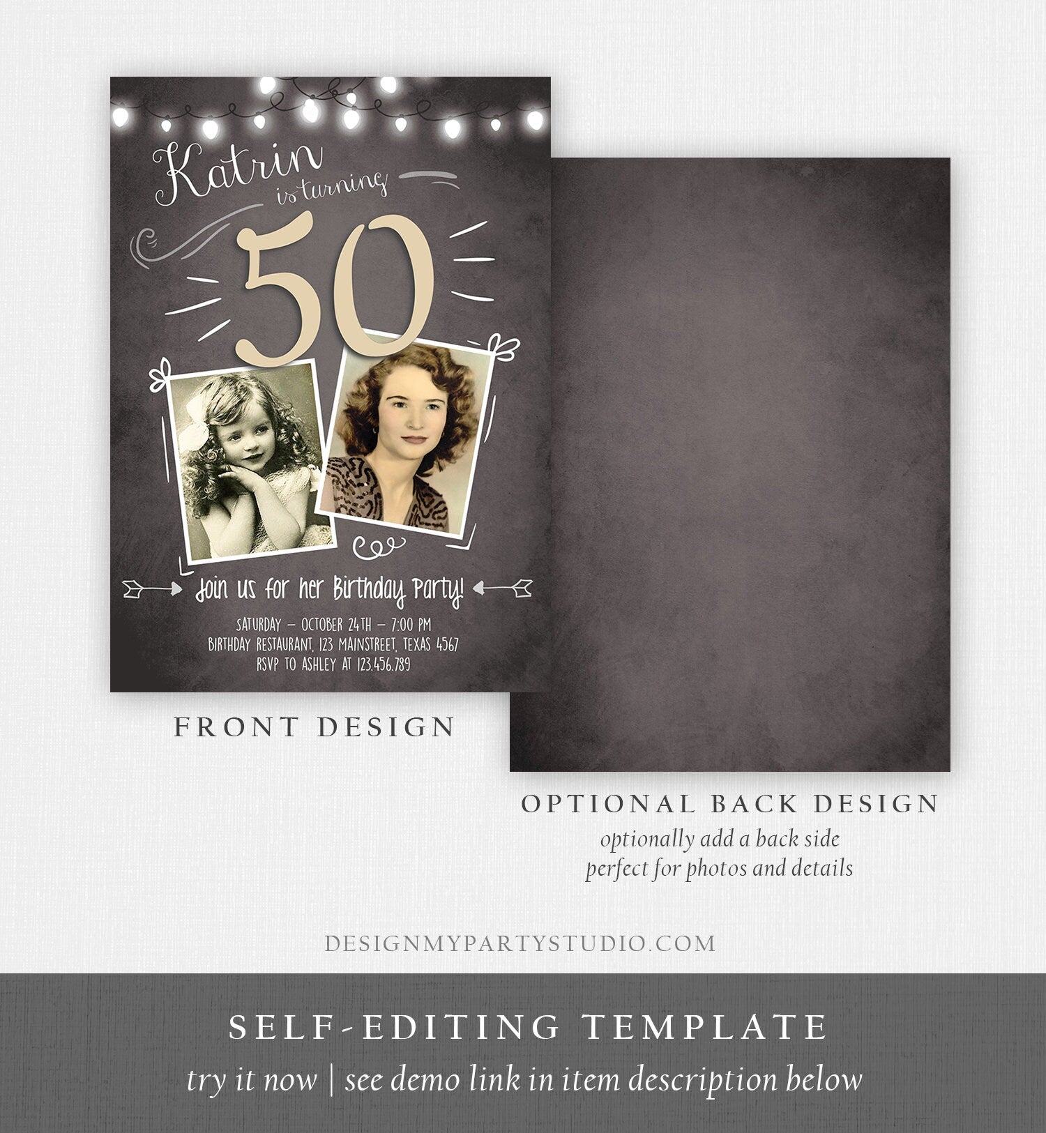 Editable 50th Birthday Invitation ANY AGE Chalkboard Rustic Adult Fifty Photo Vintage Golden Jubilee Anniversary Corjl Template 0230