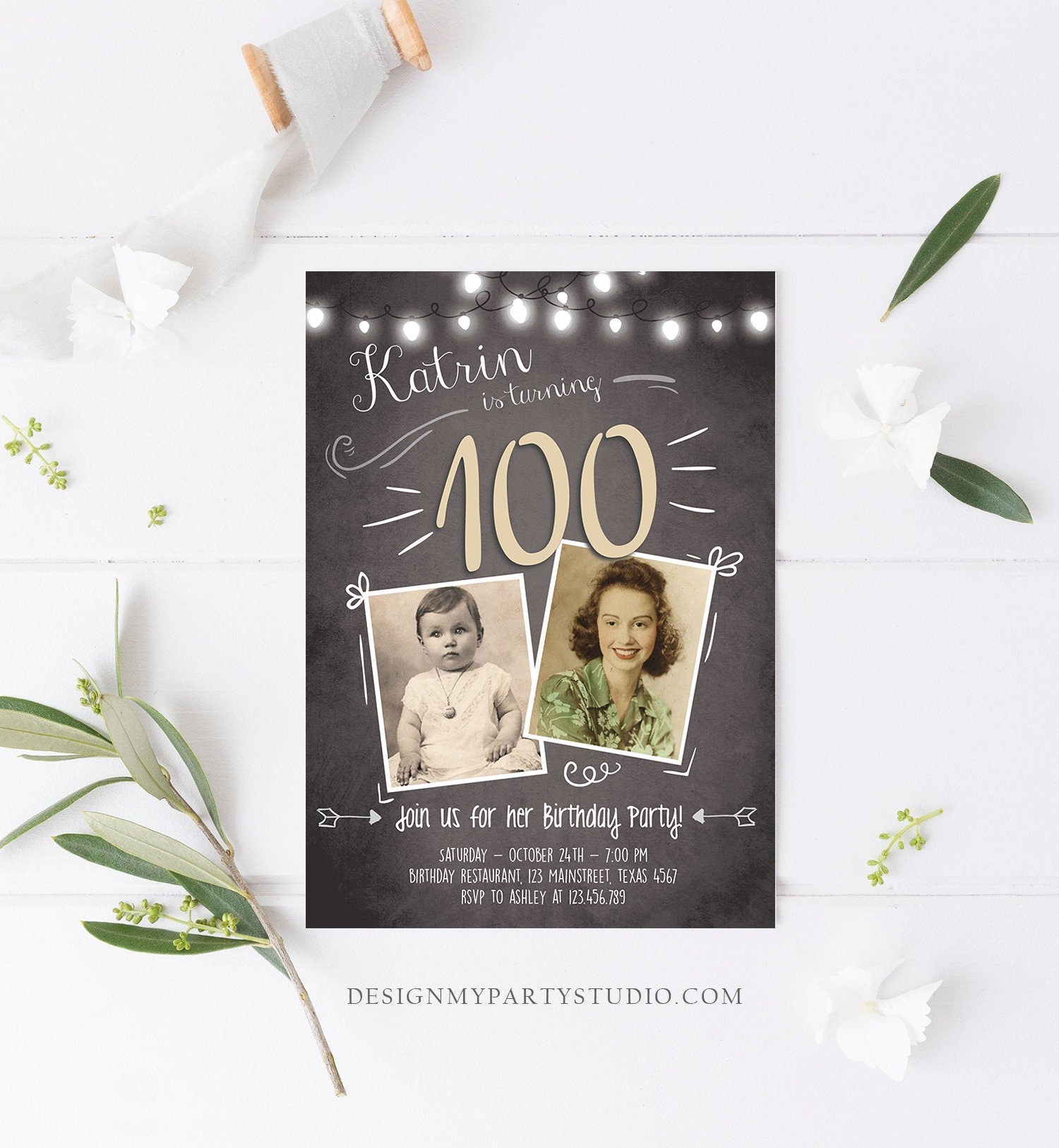 Editable 100th Birthday Invitation ANY AGE Chalkboard Rustic Adult Hundred Centennial Centenary Jubilee Anniversary Corjl Template 0230