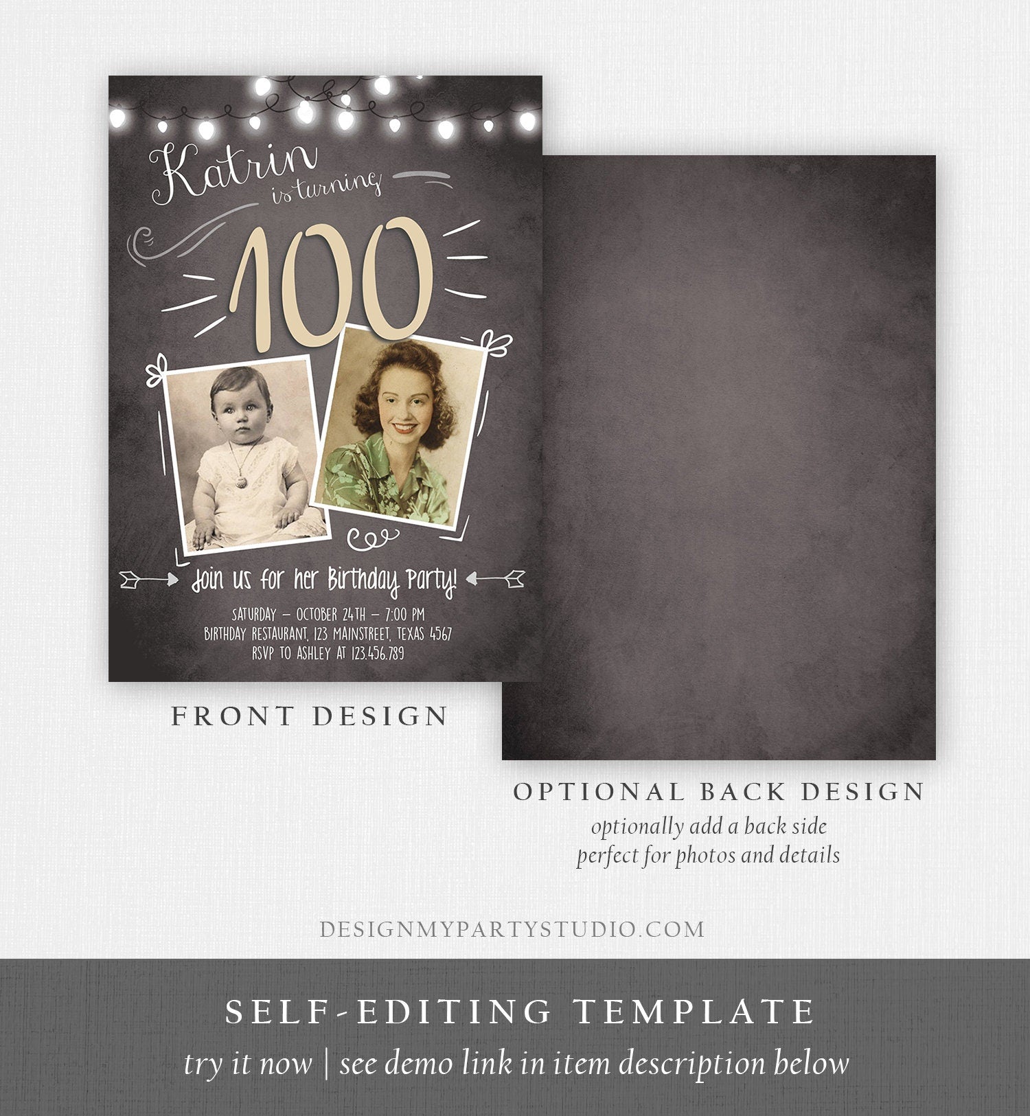 Editable 100th Birthday Invitation ANY AGE Chalkboard Rustic Adult Hundred Centennial Centenary Jubilee Anniversary Corjl Template 0230