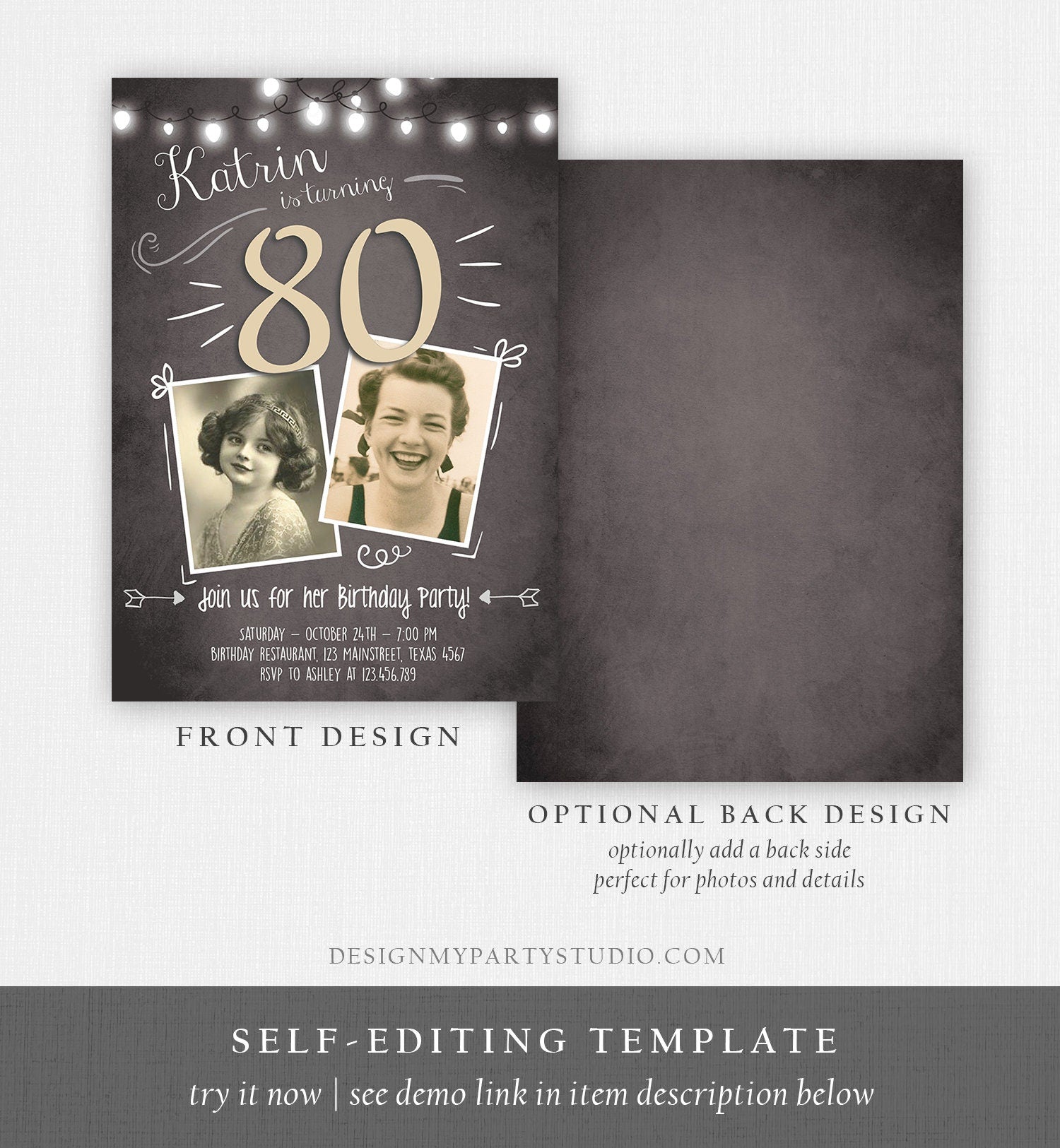 Editable 80th Birthday Invitation ANY AGE Chalkboard Rustic Adult Eighty Photo Vintage Jubilee Anniversary Download Corjl Template 0230