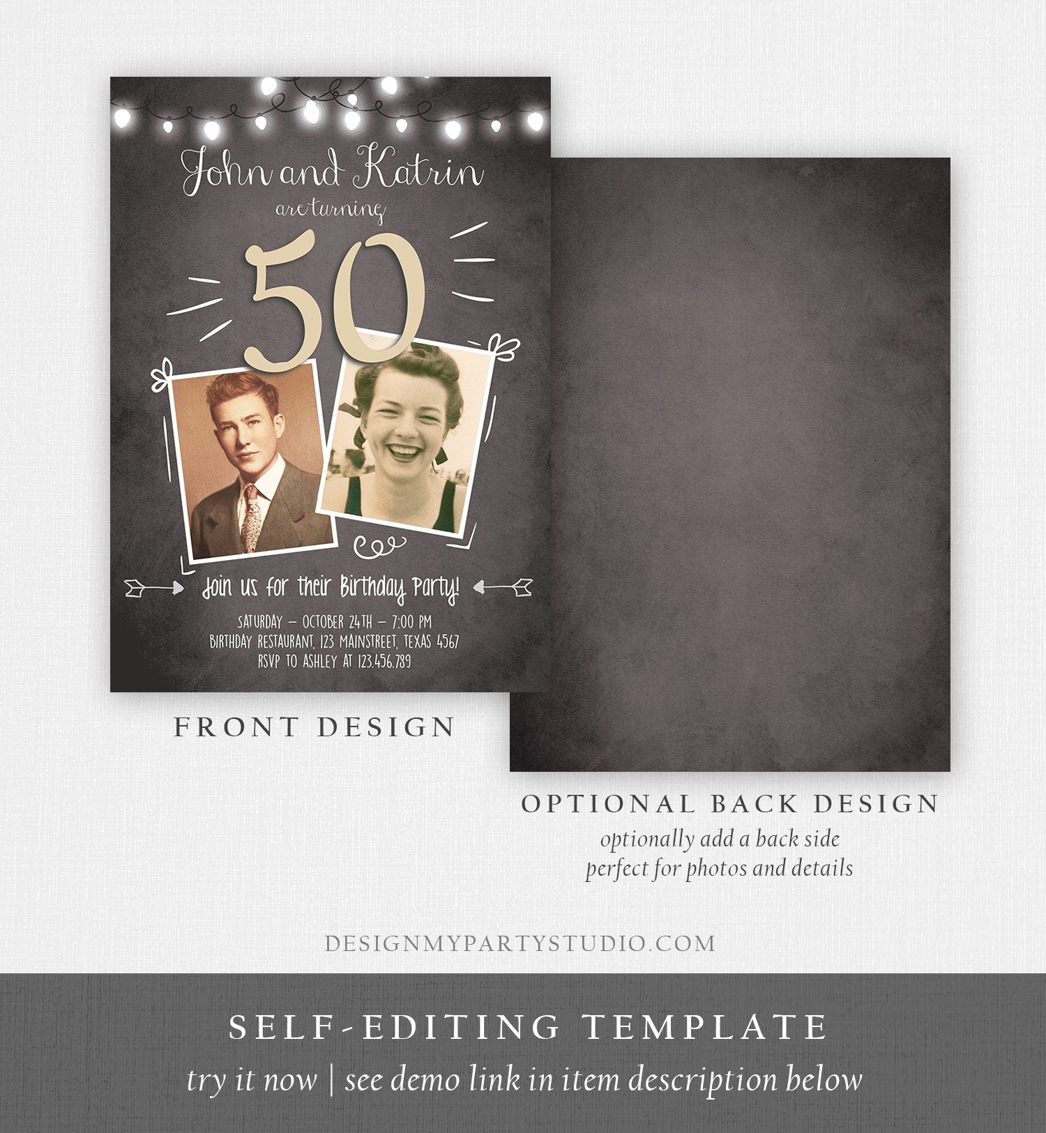 Editable 50th Joint Coed Birthday Invitation ANY AGE Rustic Adult Fifty Photo Vintage Jubilee Anniversary Digital Template Printable 0230