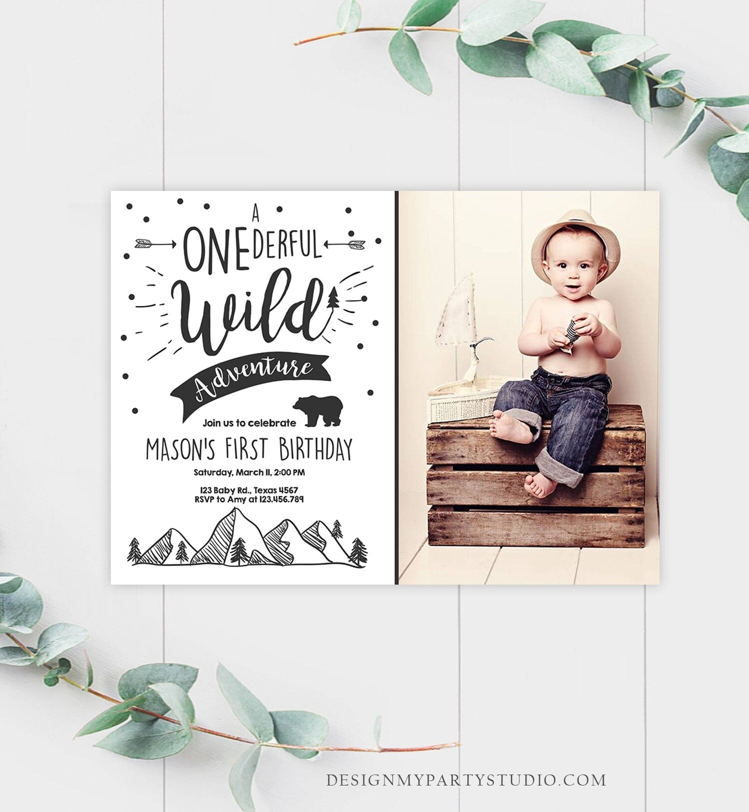 Editable A Onederful Wild Adventure First Birthday Invitation Wild Things Boy Mountains Bear Outdoor Hunter Green Corjl Template 0083