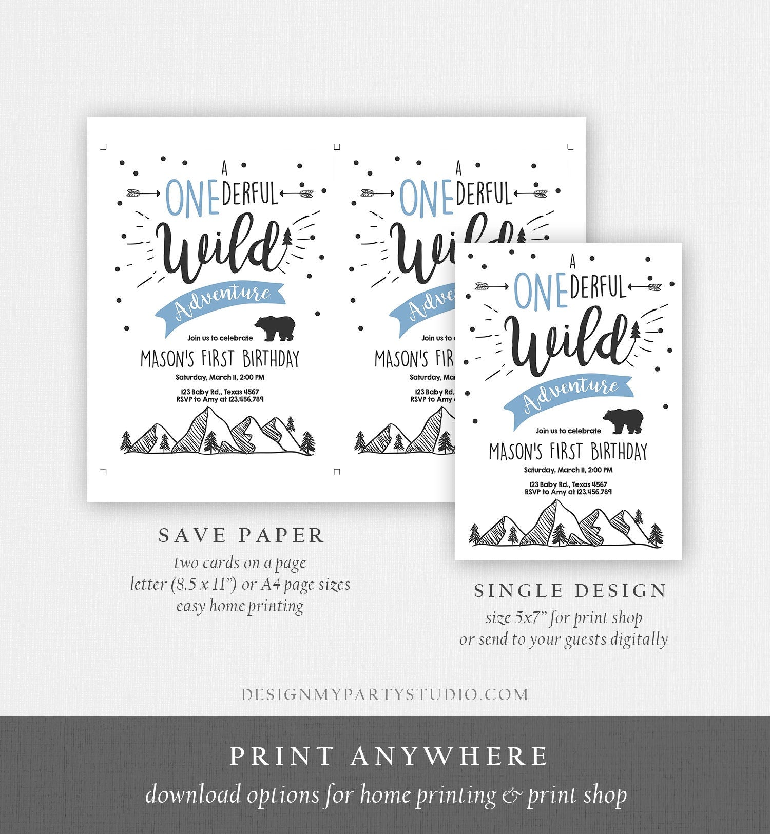 Editable A Onederful Wild Adventure First Birthday Invitation Wild Things Boy Mountains Bear Outdoor Download Evite Template Printable 0083