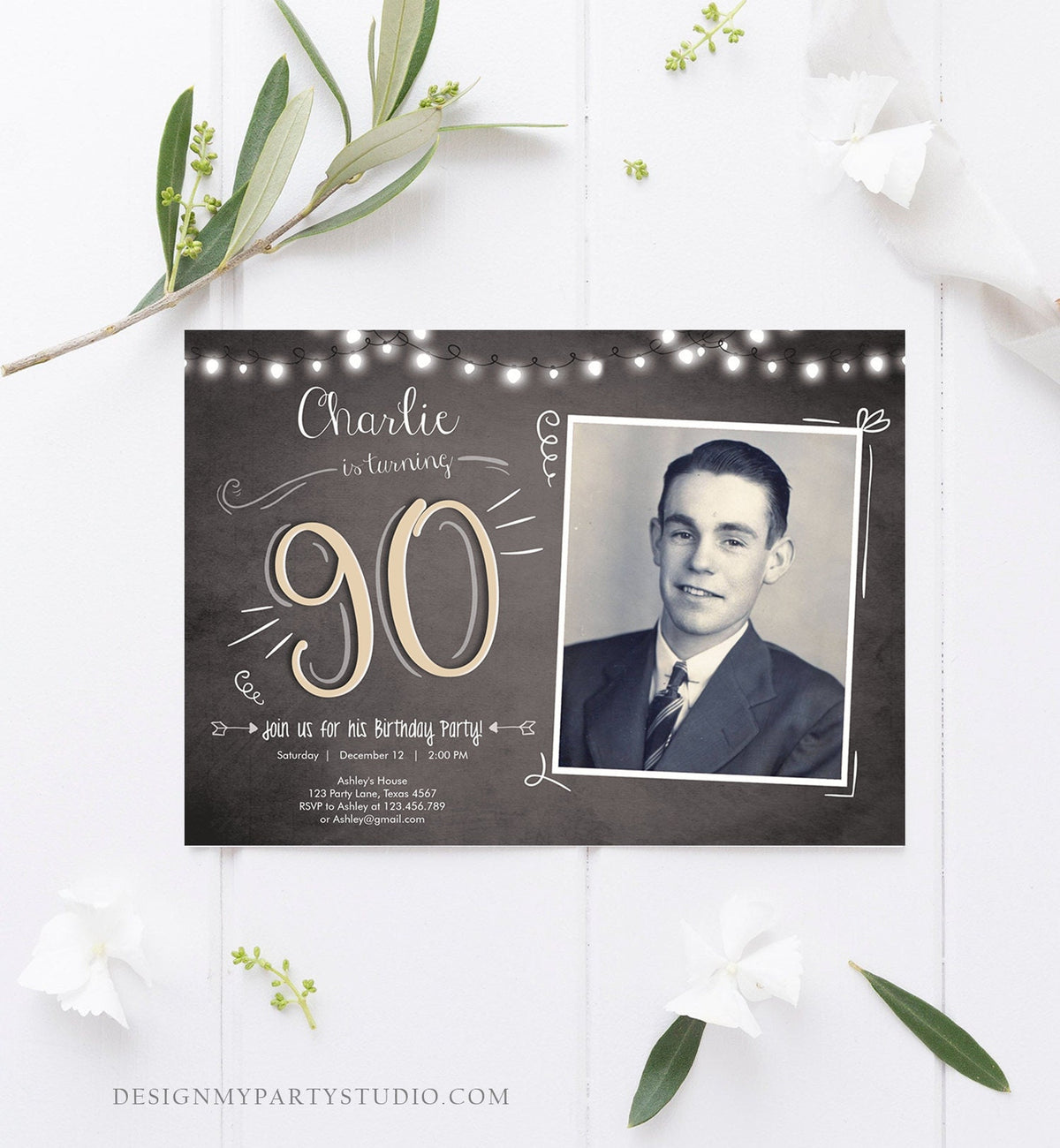 Editable 90th Birthday Invitation Chalkboard Rustic Adult Birthday Invitation Ninety Download Printable Invitation Template Corjl 0230