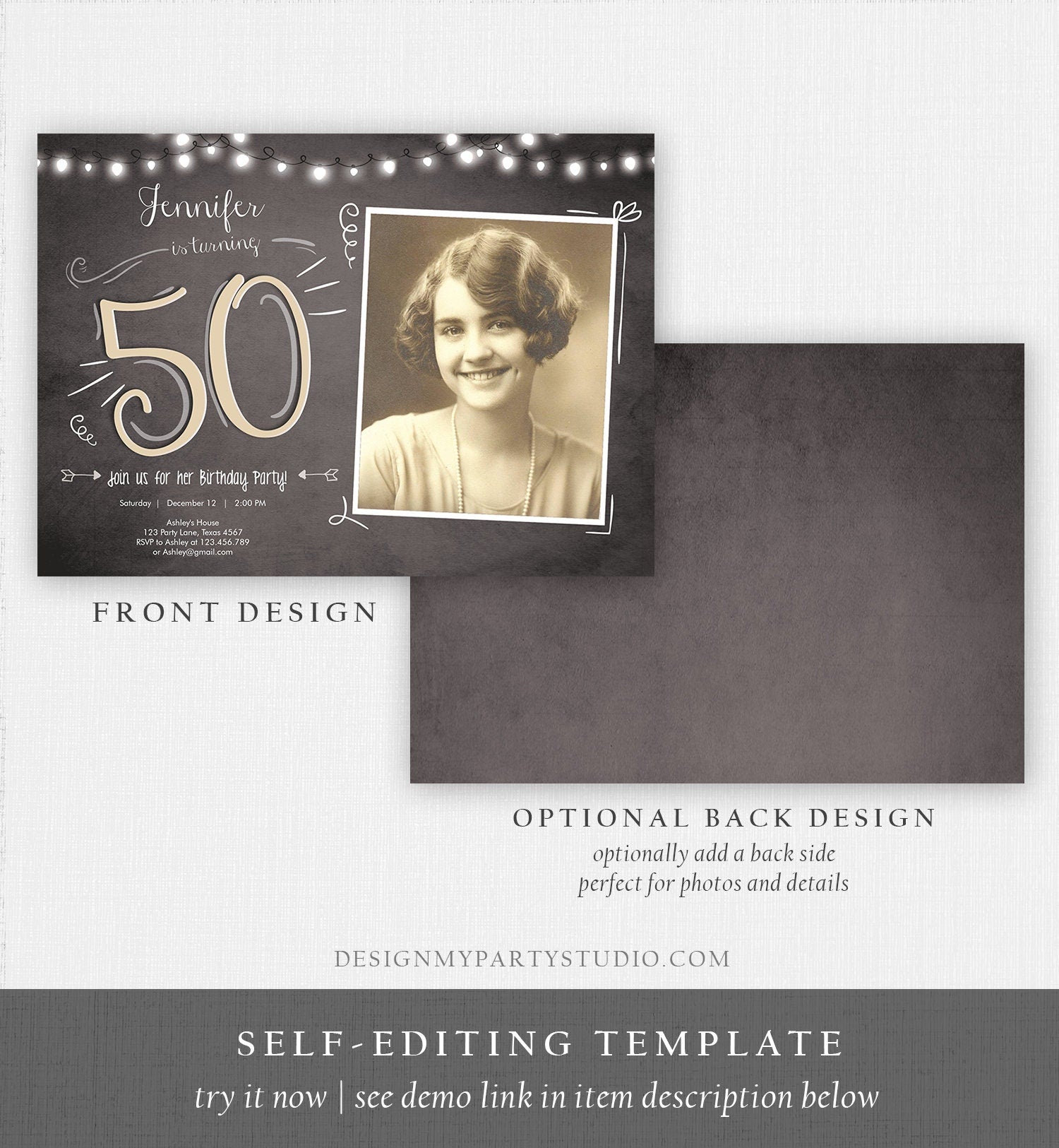 Editable 50th Birthday Invitation Vintage Chalk Rustic Adult Birthday Invitation Fifty Download Printable Invitation Template Corjl 0230