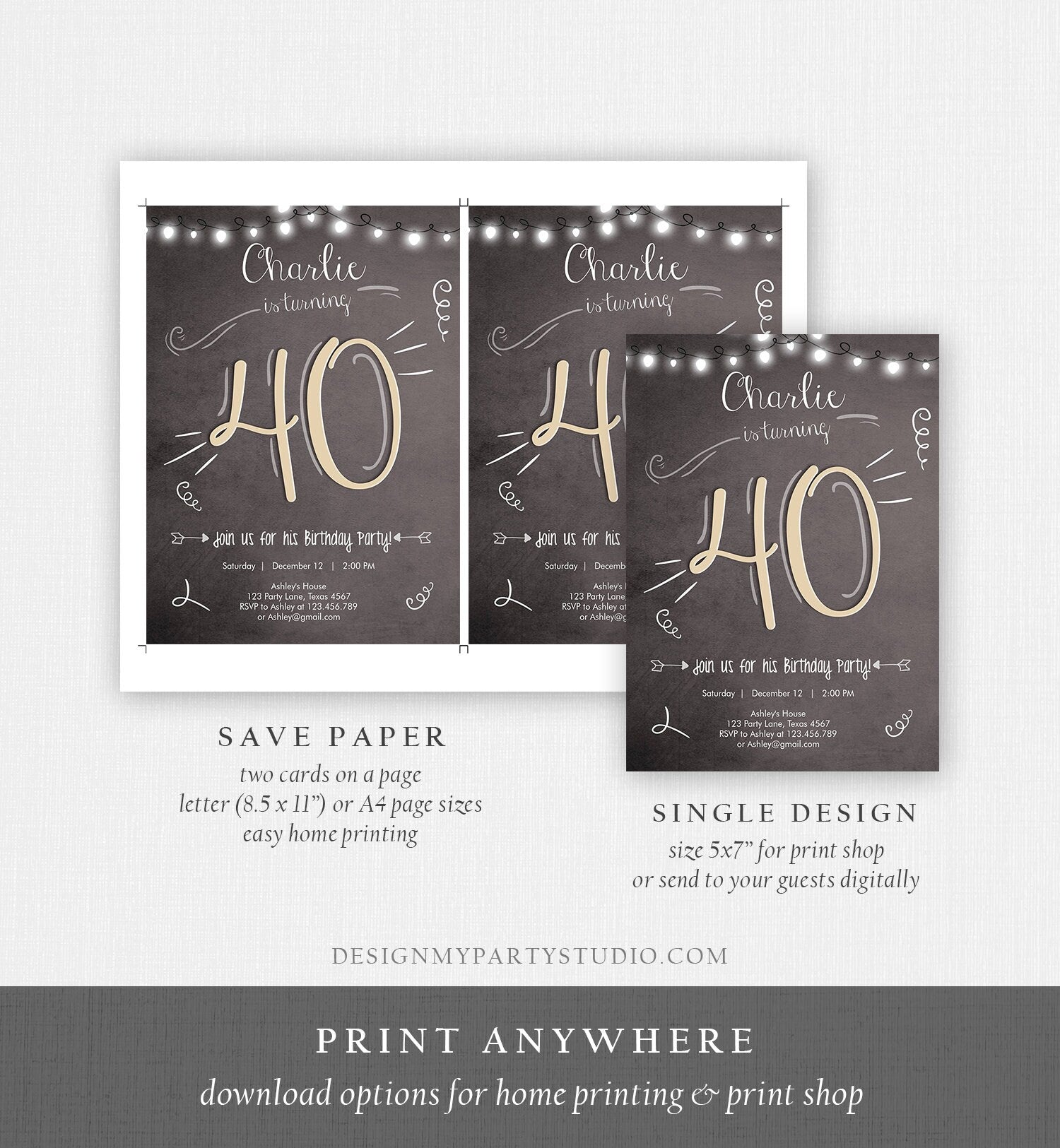 Editable 40th Birthday Invitation Chalkboard Rustic Adult Birthday Invitation Forty Download Printable Invitation Template Corjl 0230