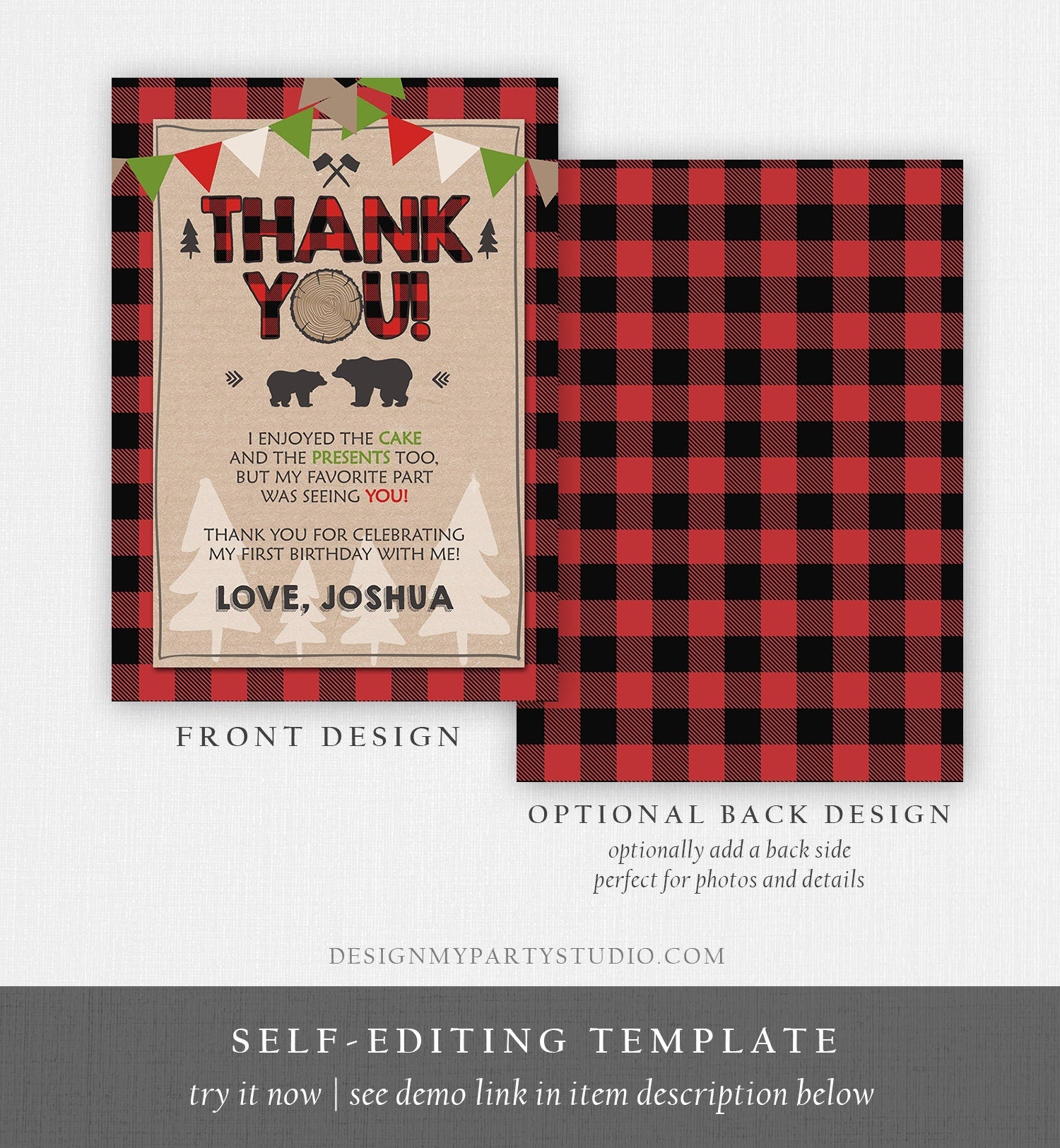 Editable Lumberjack Thank You Card Birthday Rustic Woodland Birthday Bear Forest Buffalo Plaid Winter Download Printable Template Corjl 0026