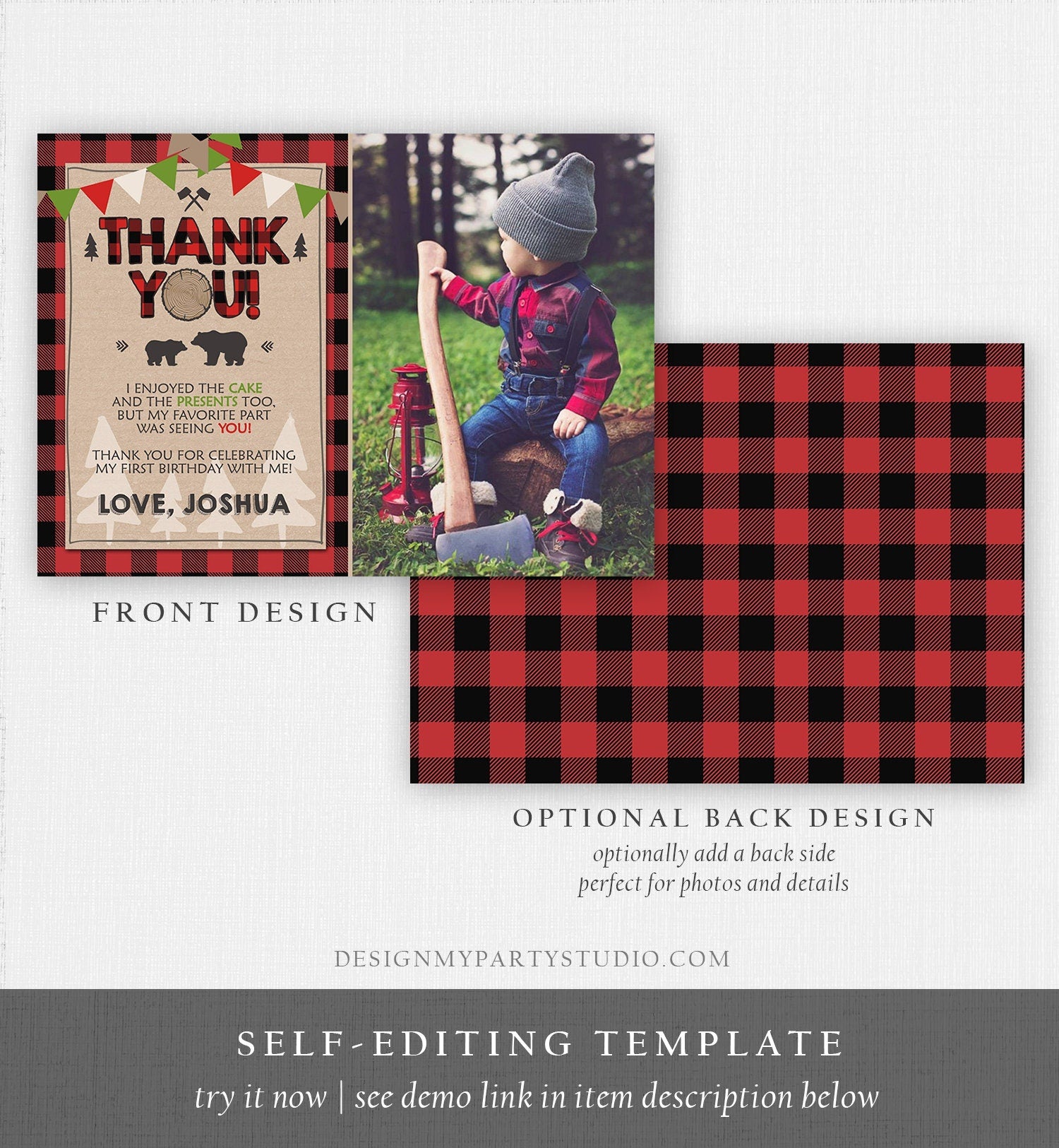 Editable Lumberjack Thank You Card Birthday Rustic Woodland Birthday Bear Forest Buffalo Plaid Winter Download Template Printable 0026