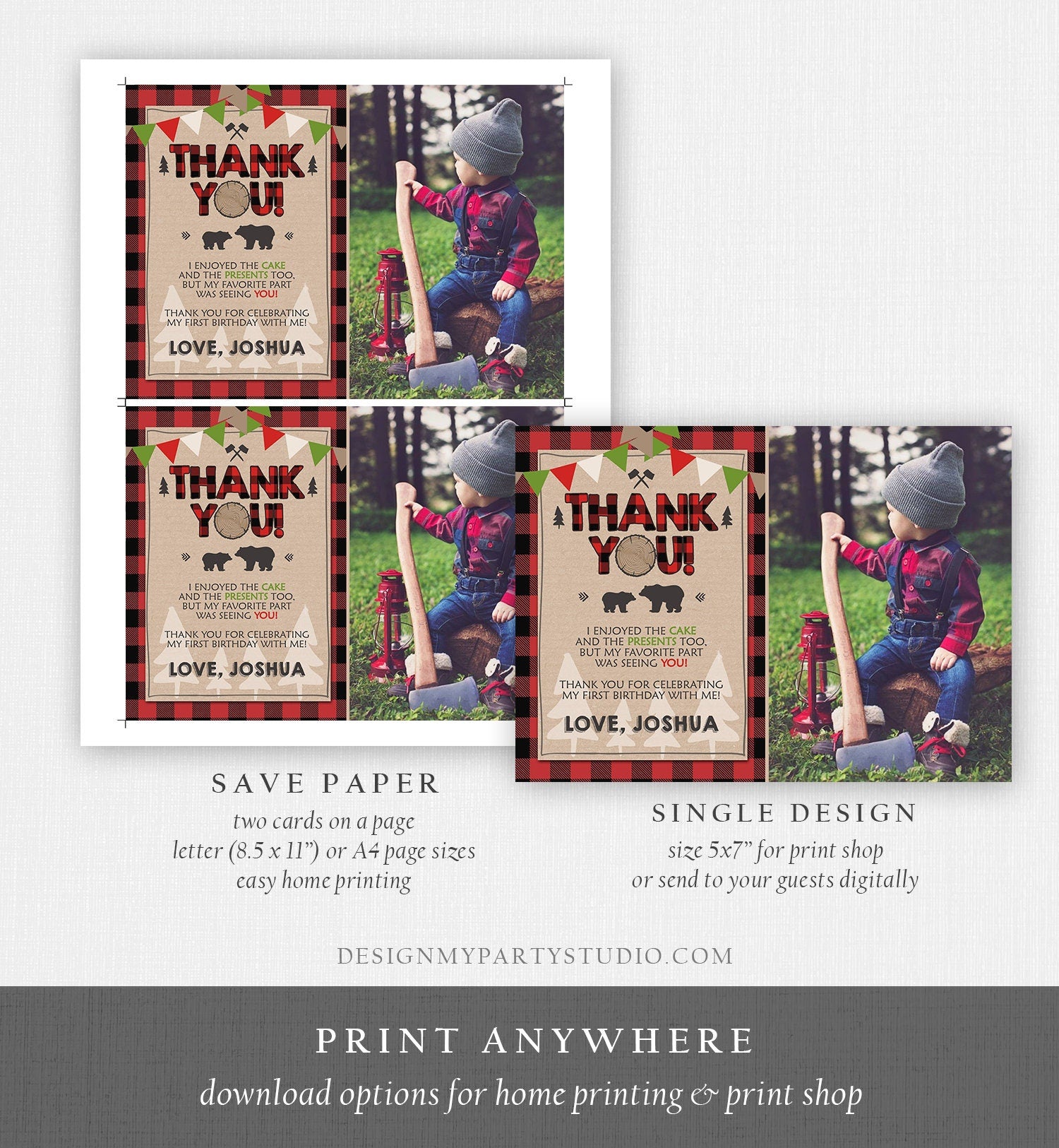 Editable Lumberjack Thank You Card Birthday Rustic Woodland Birthday Bear Forest Buffalo Plaid Winter Download Template Printable 0026