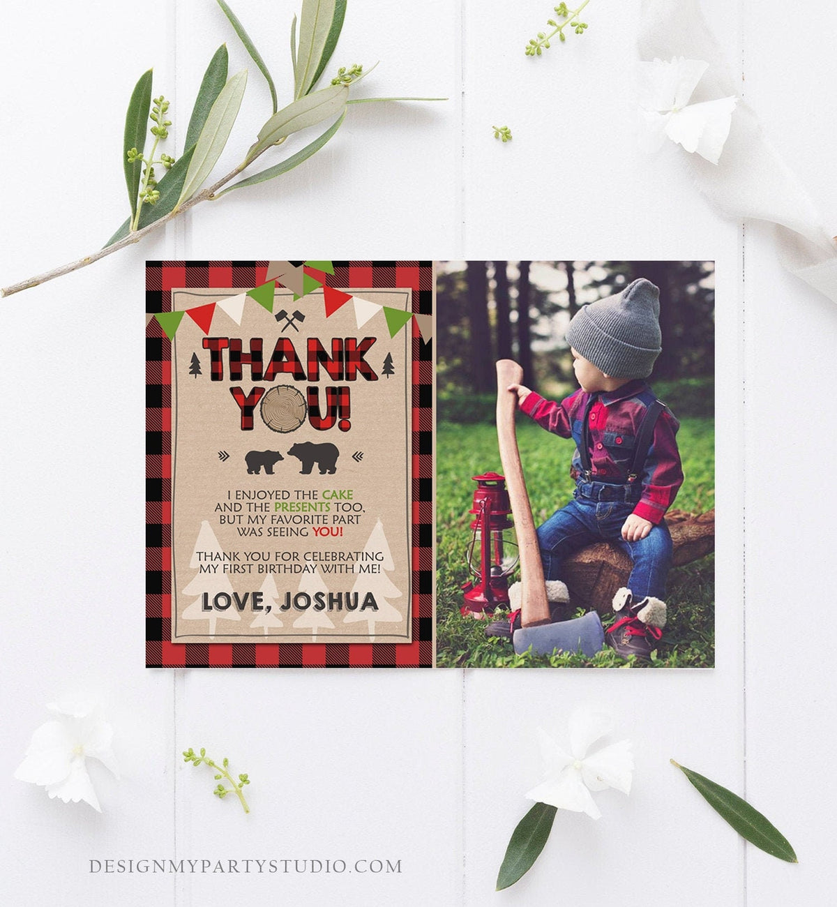 Editable Lumberjack Thank You Card Birthday Rustic Woodland Birthday Bear Forest Buffalo Plaid Winter Download Template Printable 0026