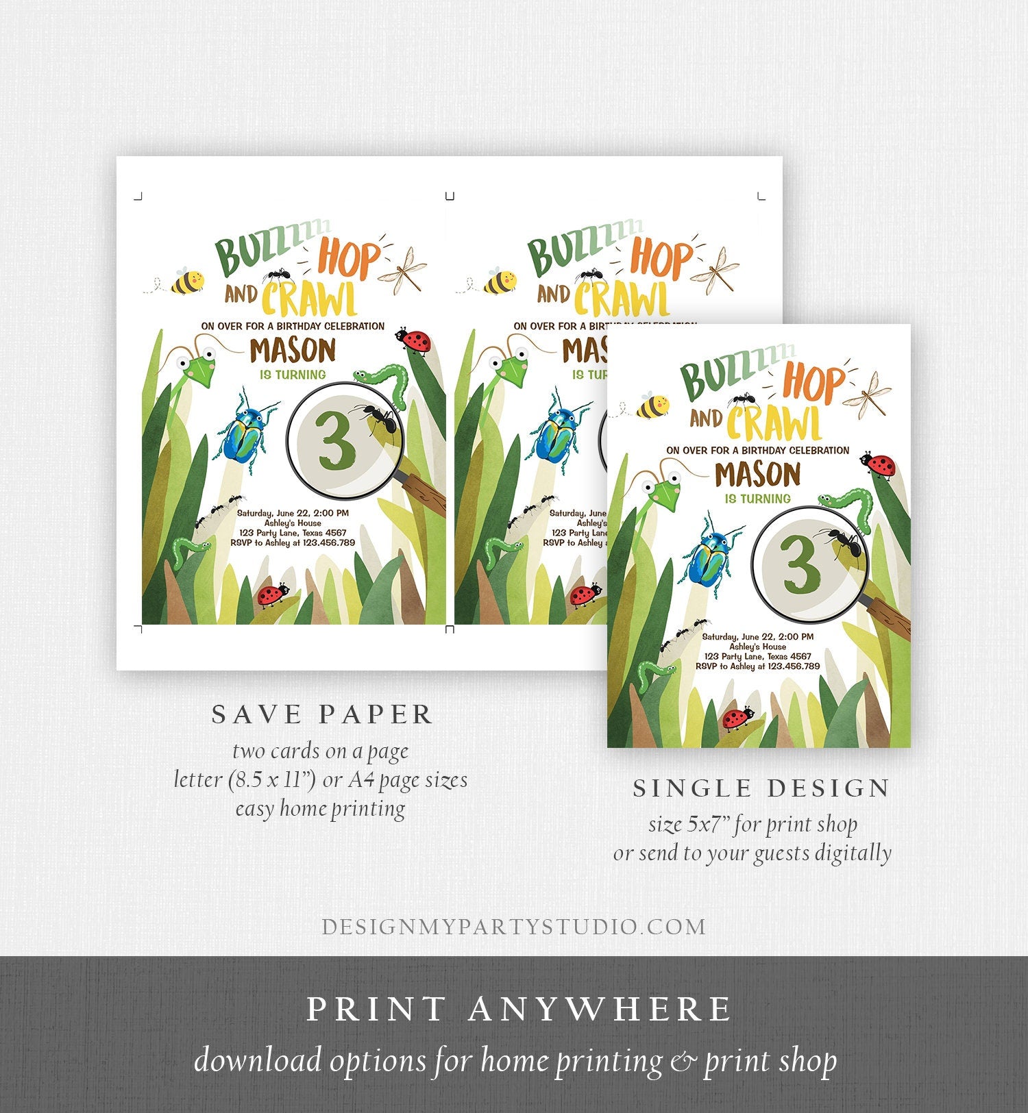 Editable Bug Birthday Invitation Insect Party Bugging Outdoor Backyard Bug Hunt Bugs Boy Digital Download Corjl Template Printable 0090