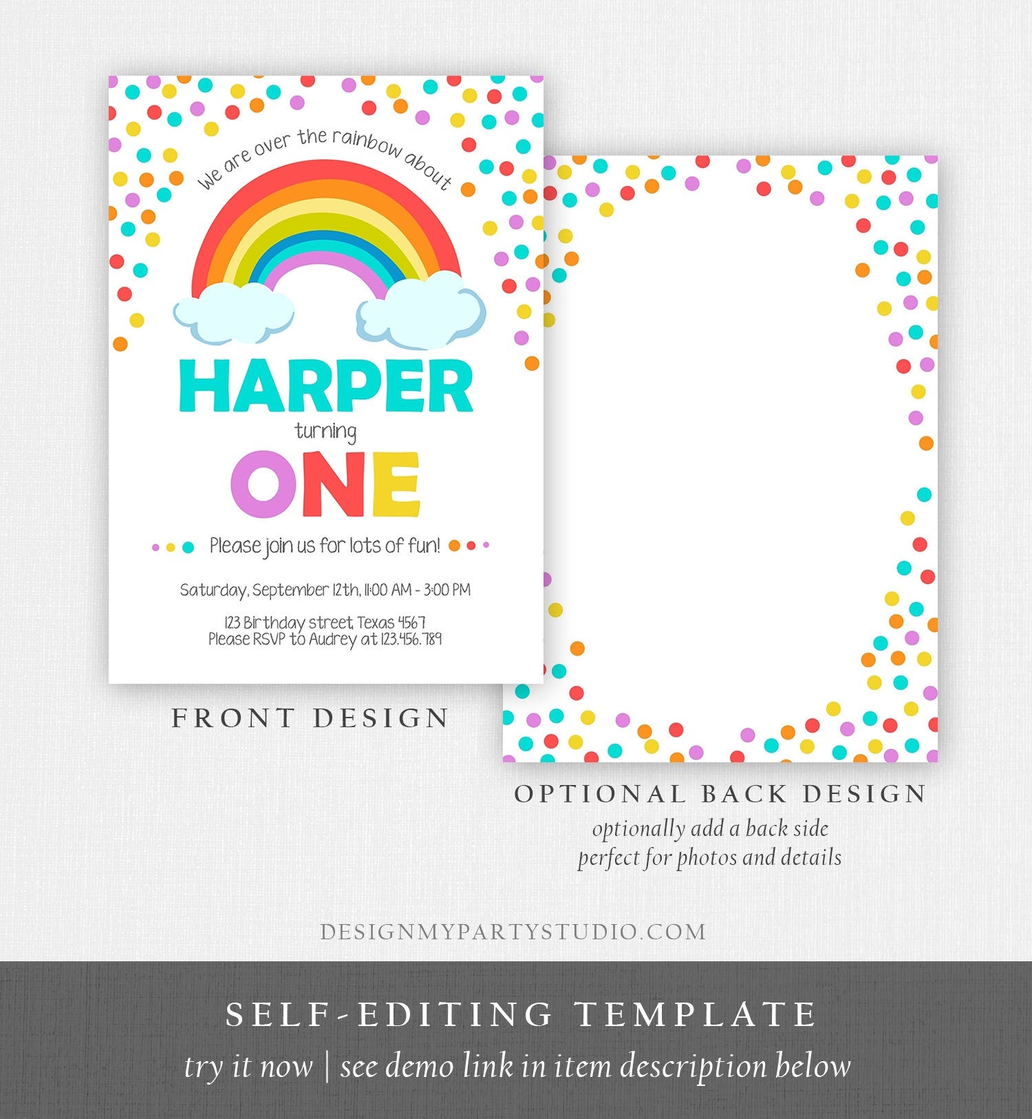 Editable Rainbow Birthday Invitation Kids Girl Boy Neutral Party Clouds Colorful Rainbow Colors Printable Corjl Template Digital 0106