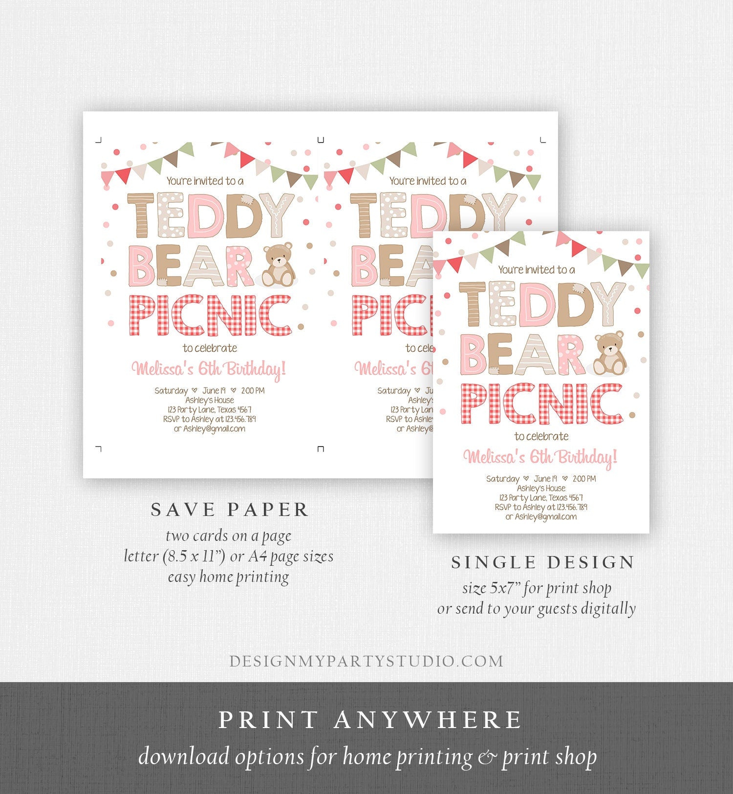 Editable Teddy Bear Picnic Birthday Invitation Girl Pink Red Gingham Bear Picnic Summer Outdoor Party Printable Digital Corjl Template 0100