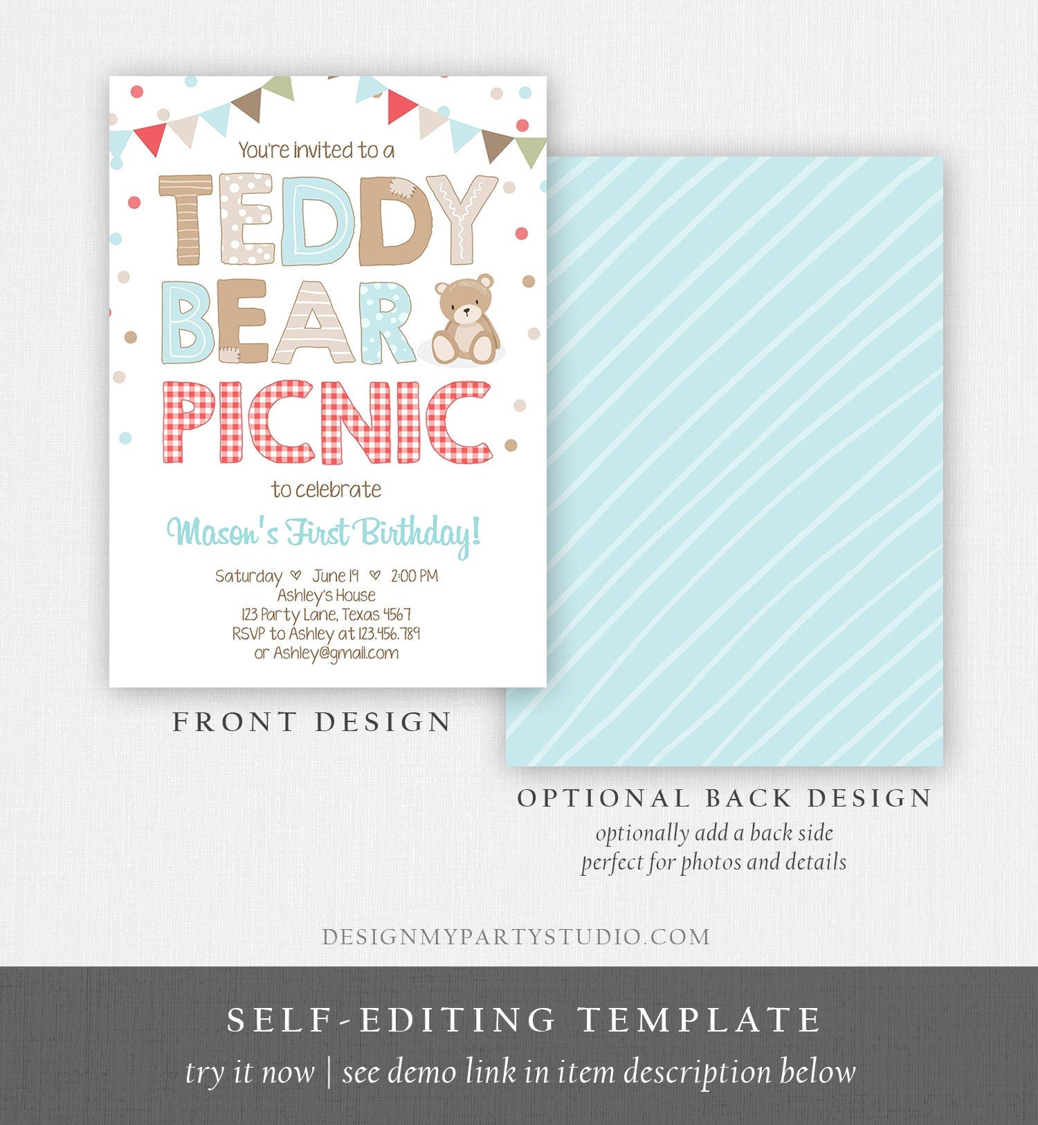 Editable Teddy Bear Picnic Birthday Invitation Boy Blue Brown Red Gingham Bear Picnic Outdoor First Birthday Digital Corjl Template 0100