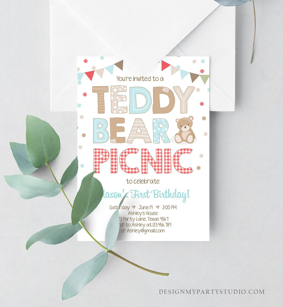 Editable Teddy Bear Picnic Birthday Invitation Boy Blue Brown Red Gingham Bear Picnic Outdoor First Birthday Digital Corjl Template 0100