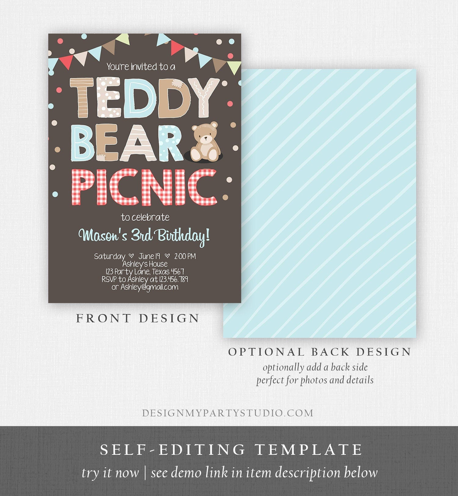 Editable Teddy Bear Picnic Birthday Invitation Boy Blue Brown Red Gingham Bear Picnic Outdoor First Birthday Digital Corjl Template 0100